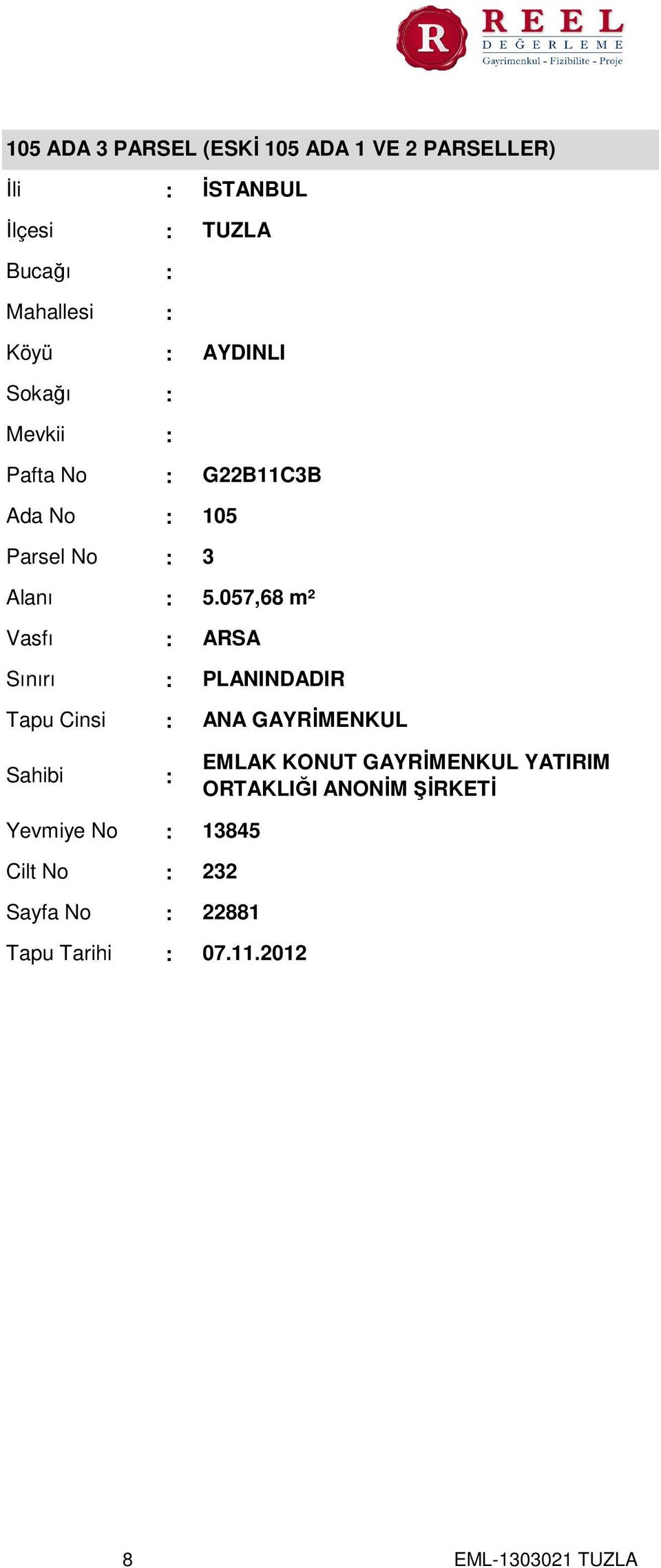 057,68 m² ARSA PLANINDADIR ANA GAYRİMENKUL Sahibi EMLAK KONUT GAYRİMENKUL YATIRIM ORTAKLIĞI