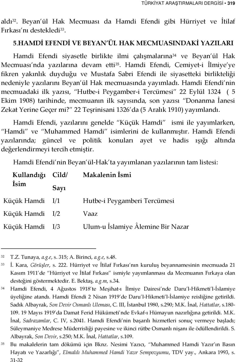 Hamdi Efendi, Cemiyet-i İlmiye ye fikren yakınlık duyduğu ve Mustafa Sabri Efendi ile siyasetteki birlikteliği nedeniyle yazılarını Beyan ül Hak mecmuasında yayımladı.