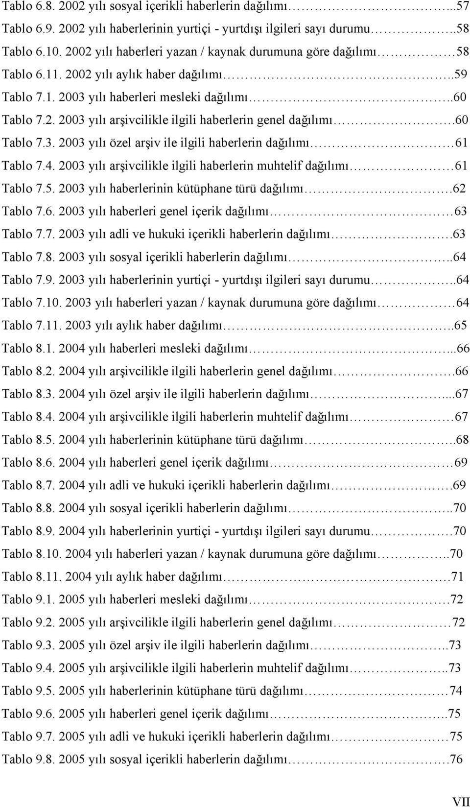 60 Tablo 7.3. 2003 yılı özel arşiv ile ilgili haberlerin dağılımı 61 Tablo 7.4. 2003 yılı arşivcilikle ilgili haberlerin muhtelif dağılımı 61 Tablo 7.5. 2003 yılı haberlerinin kütüphane türü dağılımı.