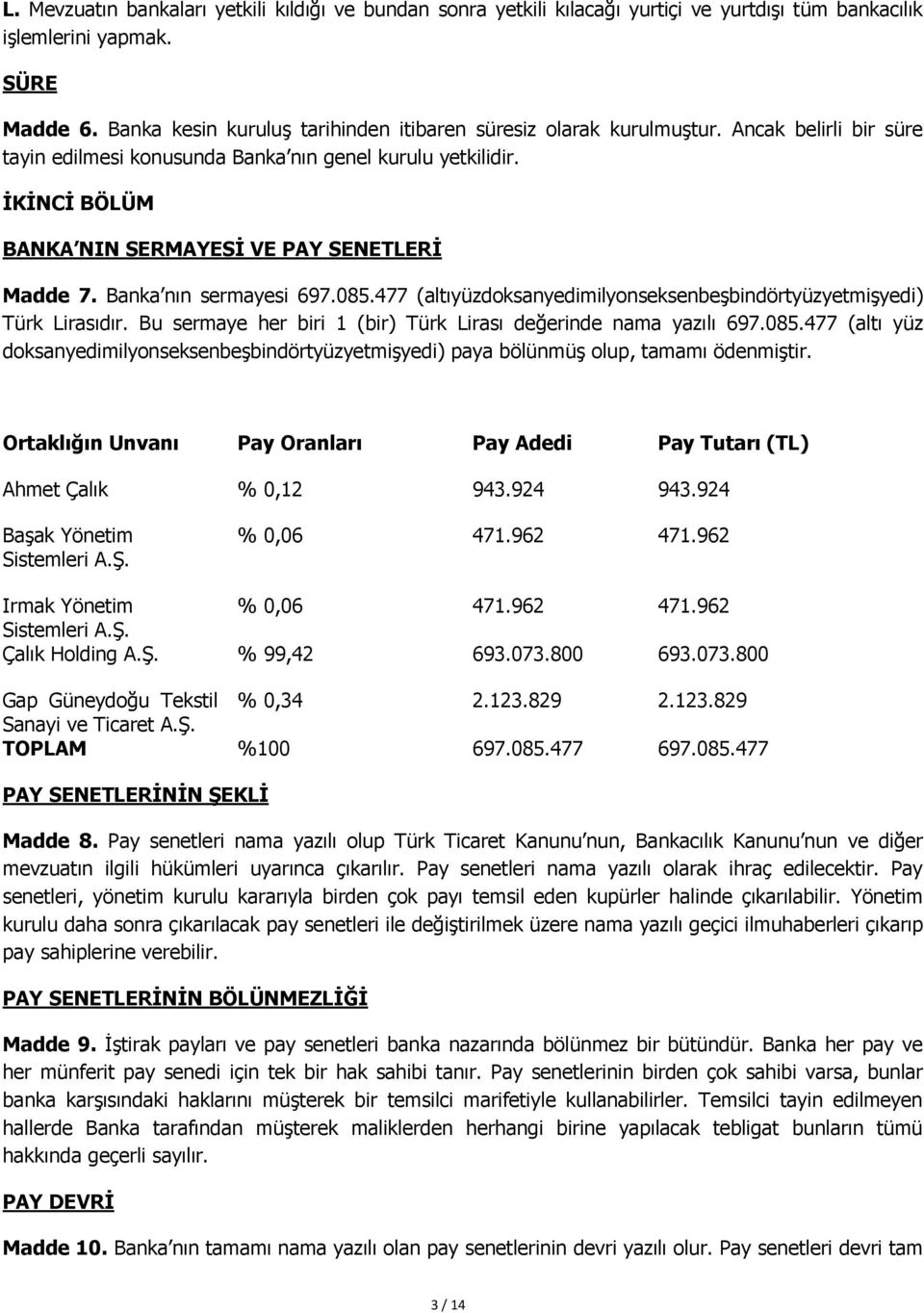 İKİNCİ BÖLÜM BANKA NIN SERMAYESİ VE PAY SENETLERİ Madde 7. Banka nın sermayesi 697.085.477 (altıyüzdoksanyedimilyonseksenbeşbindörtyüzyetmişyedi) Türk Lirasıdır.