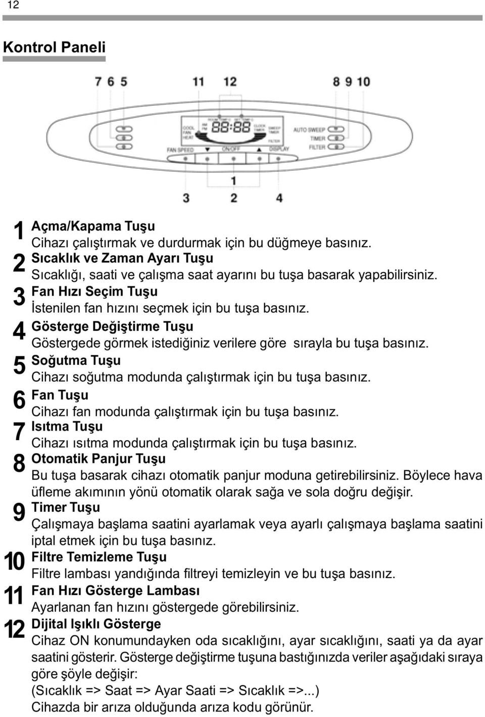 Soðutma Tuþu 5 Cihazý soðutma modunda çalýþtýrmak için bu tuþa basýnýz. an Tuþu 6 Cihazý fan modunda çalýþtýrmak için bu tuþa basýnýz.