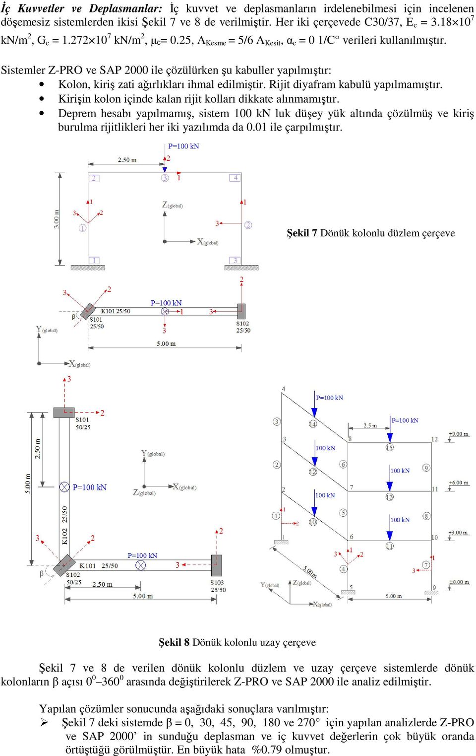 Sistemler Z-PRO ve SAP 2000 ile çözülürken şu kabuller yapılmıştır: Kolon, kiriş zati ağırlıkları ihmal edilmiştir. Rijit diyafram kabulü yapılmamıştır.