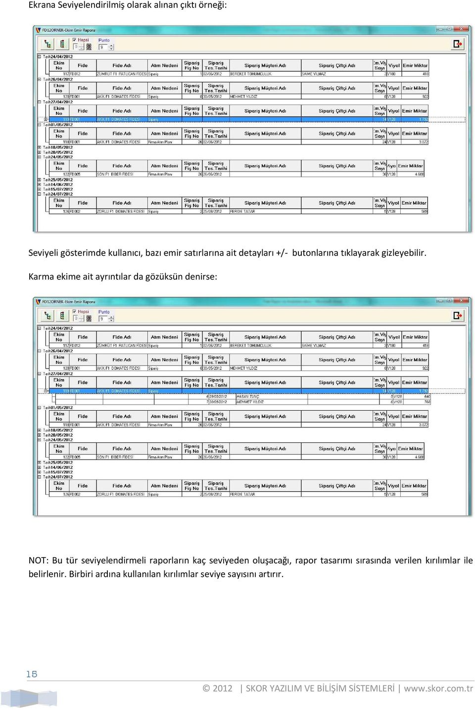 Karma ekime ait ayrıntılar da gözüksün denirse: NOT: Bu tür seviyelendirmeli raporların kaç