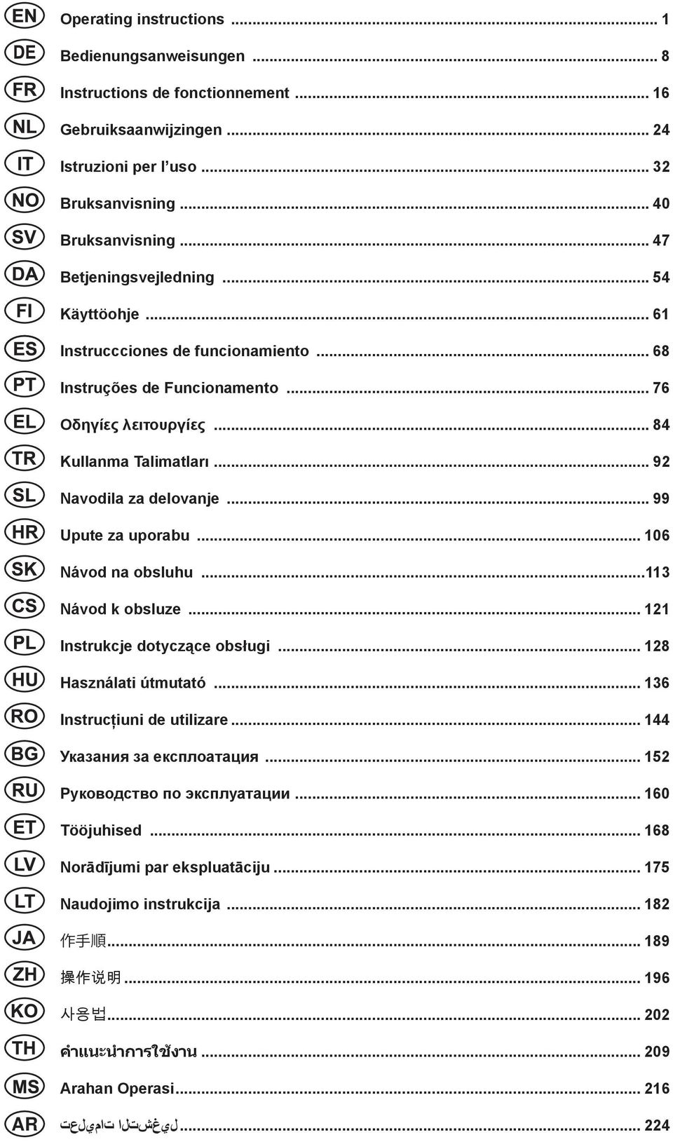 .. 99 Upute za uporabu... 106 Návod na obsluhu...11 Návod k obsluze... 121 Instrukcje dotyczące obsługi... 128 Használati útmutató... 16 Instrucţiuni de utilizare... 144 Указания за експлоатация.