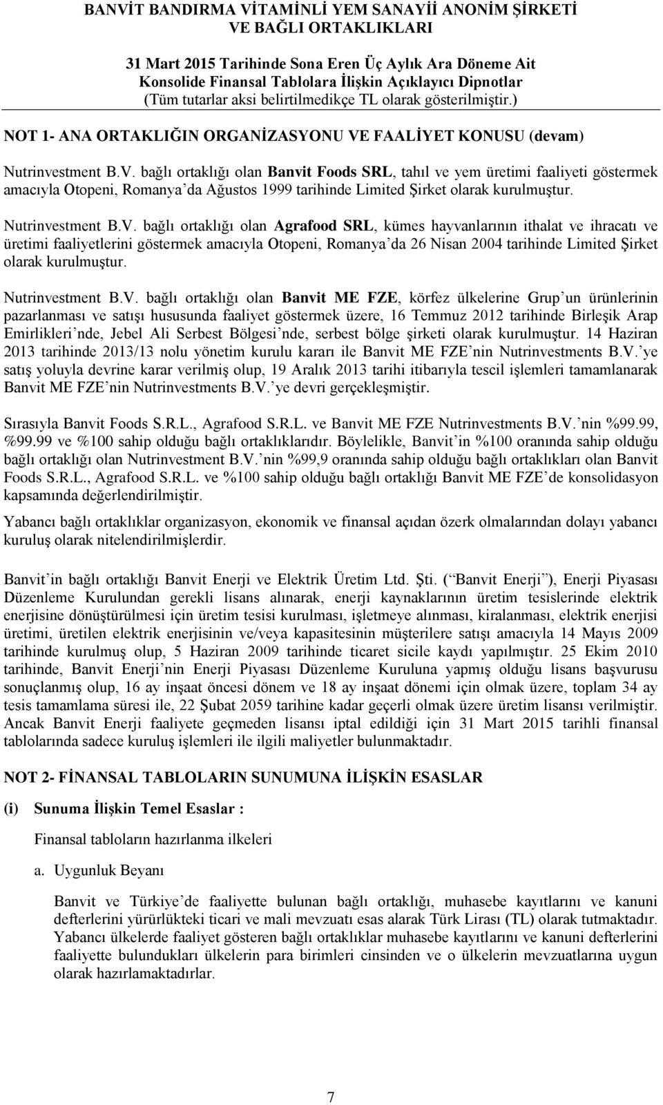 bağlı ortaklığı olan Banvit Foods SRL, tahıl ve yem üretimi faaliyeti göstermek amacıyla Otopeni, Romanya da Ağustos 1999 tarihinde Limited Şirket olarak kurulmuştur. Nutrinvestment B.V.