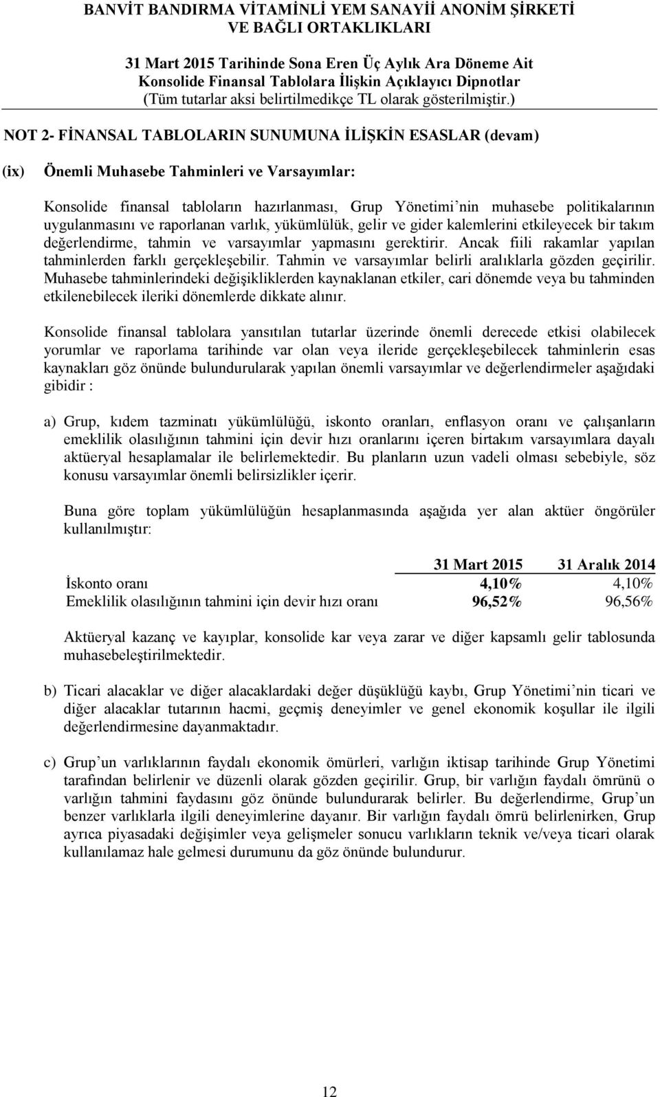 Ancak fiili rakamlar yapılan tahminlerden farklı gerçekleşebilir. Tahmin ve varsayımlar belirli aralıklarla gözden geçirilir.