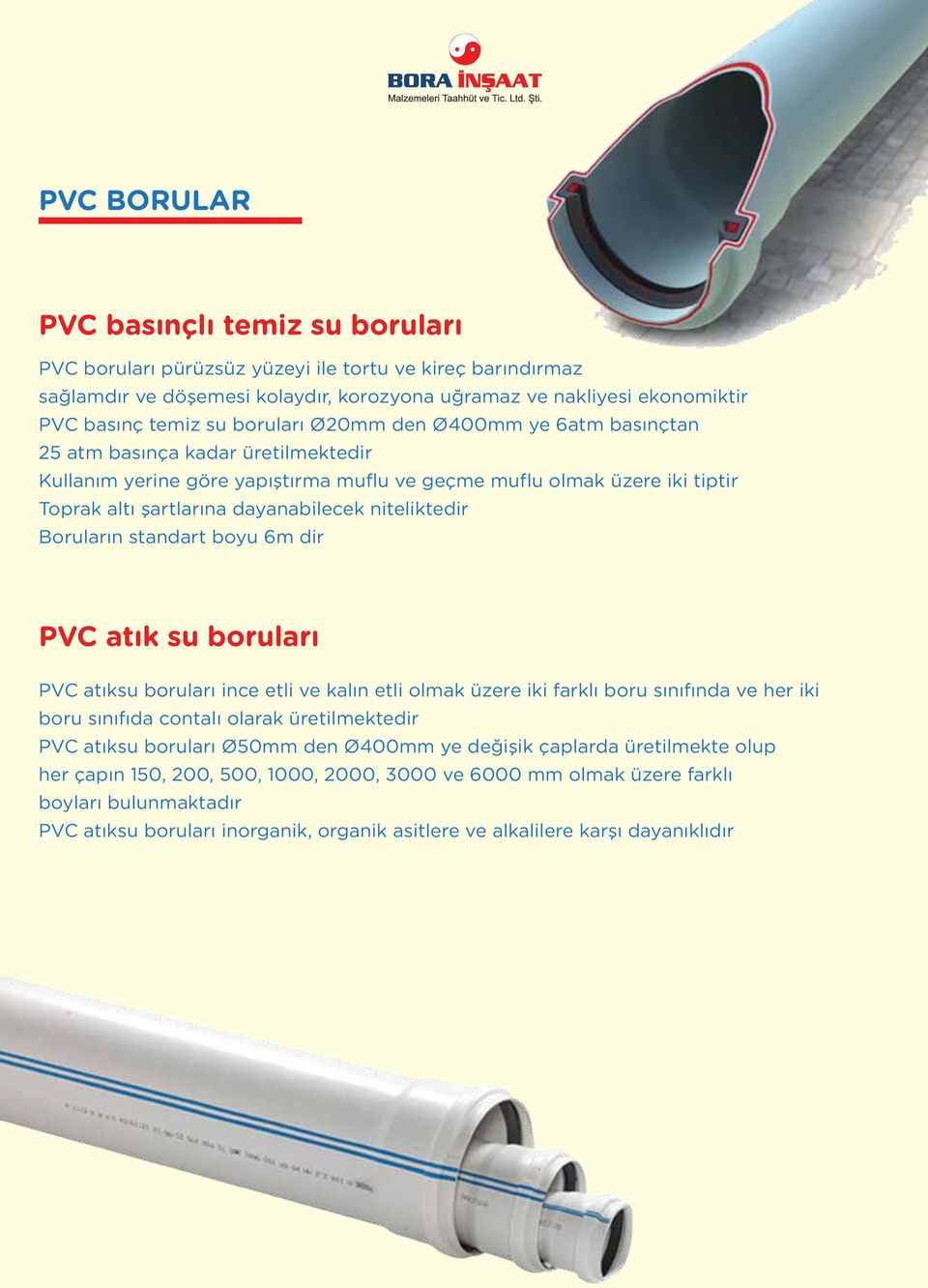 niteliktedir Boruların standart boyu 6m dir PVC atık su boruları PVC atıksu boruları ince etli ve kalın etli olmak üzere iki farklı boru sınıfında ve her iki boru sınıfıda contalı olarak