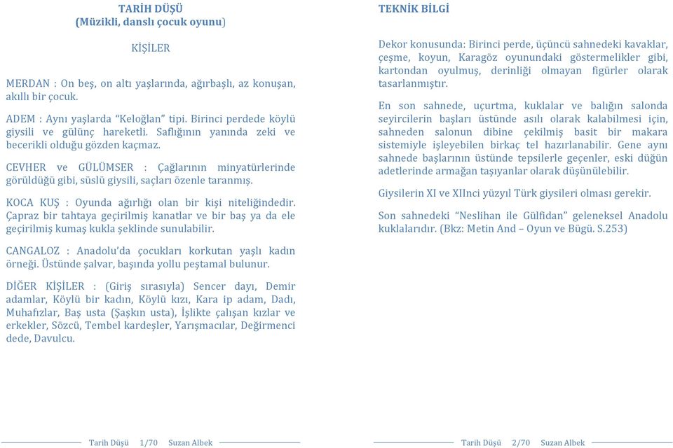 CEVHER ve GÜLÜMSER : Çağlarının minyatürlerinde görüldüğü gibi, süslü giysili, saçları özenle taranmış. KOCA KUŞ : Oyunda ağırlığı olan bir kişi niteliğindedir.