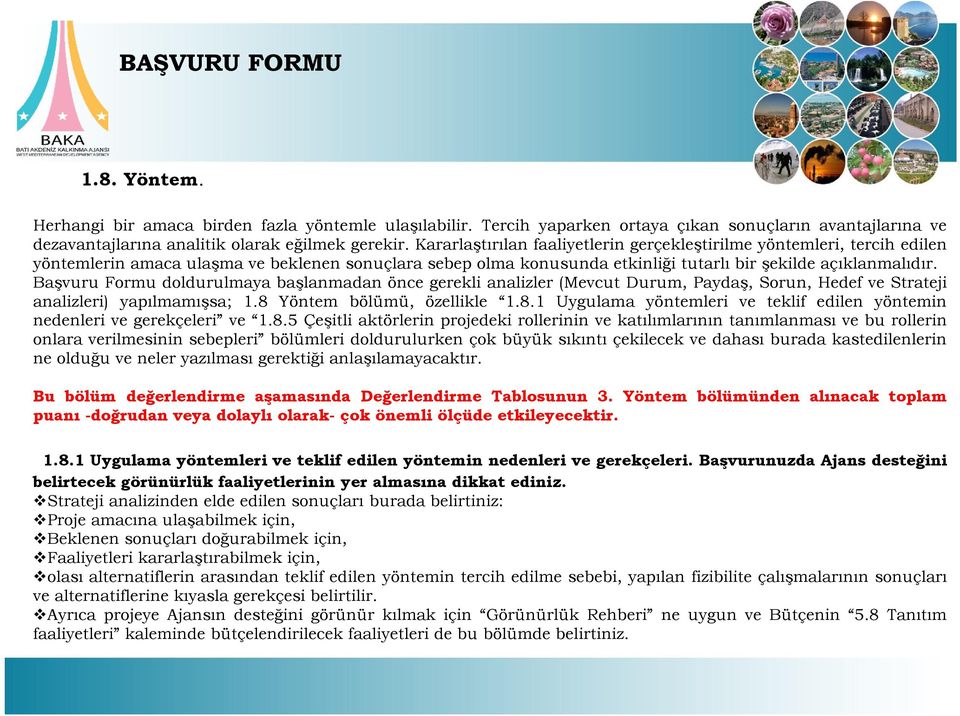 Başvuru Formu doldurulmaya başlanmadan önce gerekli analizler (Mevcut Durum, Paydaş, Sorun, Hedef ve Strateji analizleri) yapılmamışsa; 1.8 