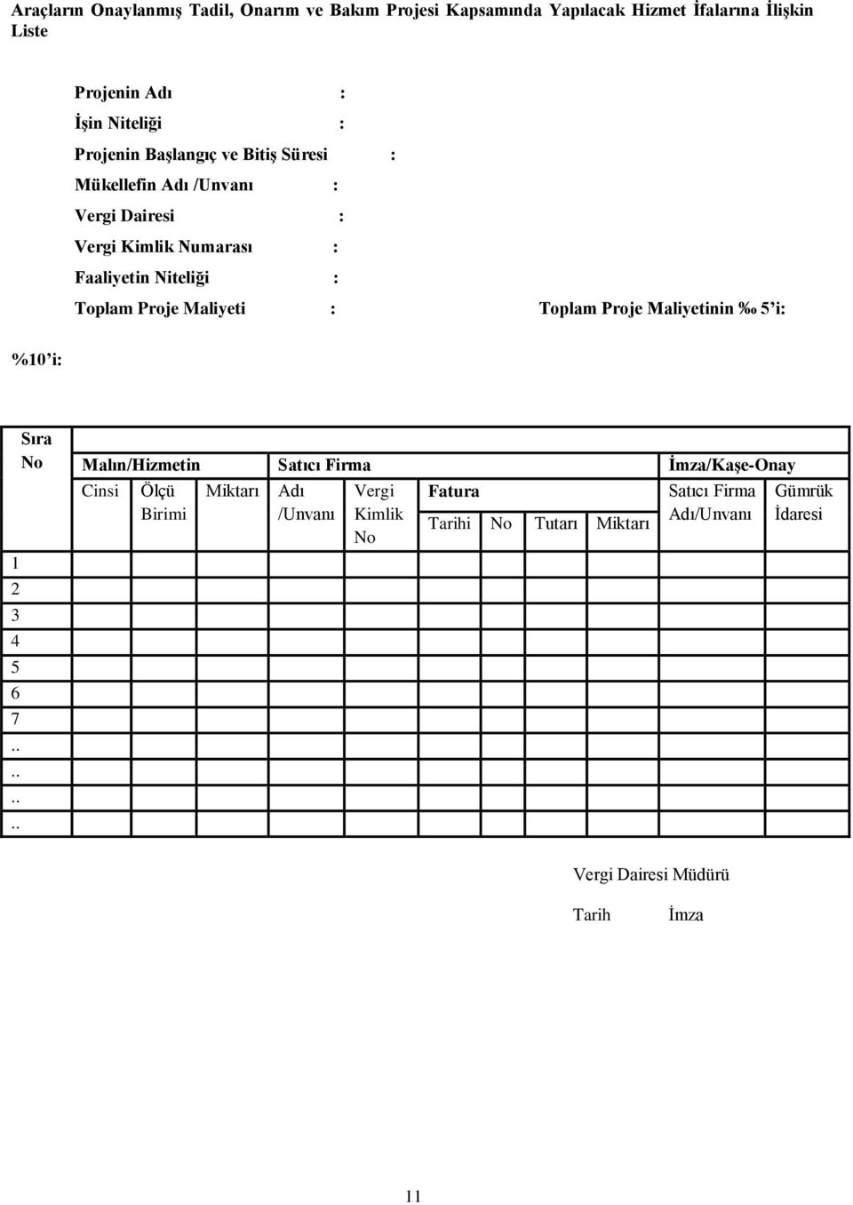 Proje Maliyeti : Toplam Proje Maliyetinin 5 i: %10 i: 1 2 3 4 5 6 7 Sıra No Malın/Hizmetin Satıcı Firma İmza/Kaşe-Onay Cinsi Ölçü