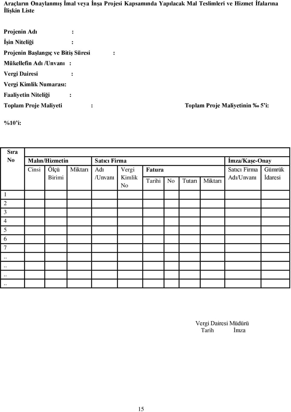 Toplam Proje Maliyeti : Toplam Proje Maliyetinin 5 i: %10 i: 1 2 3 4 5 6 7 Sıra No Malın/Hizmetin Satıcı Firma İmza/Kaşe-Onay Cinsi Ölçü