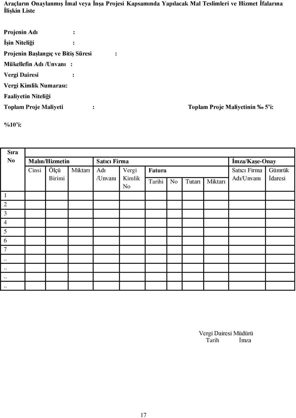 Toplam Proje Maliyeti : Toplam Proje Maliyetinin 5 i: %10 i: 1 2 3 4 5 6 7 Sıra No Malın/Hizmetin Satıcı Firma İmza/Kaşe-Onay Cinsi Ölçü