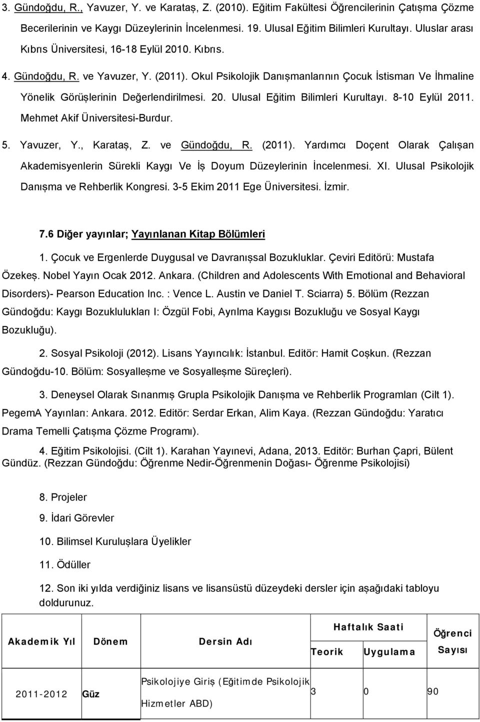 20. Ulusal Eğitim Bilimleri Kurultayı. 8-10 Eylül 2011. Mehmet Akif Üniversitesi-Burdur. 5. Yavuzer, Y., Karataş, Z. ve Gündoğdu, R. (2011).