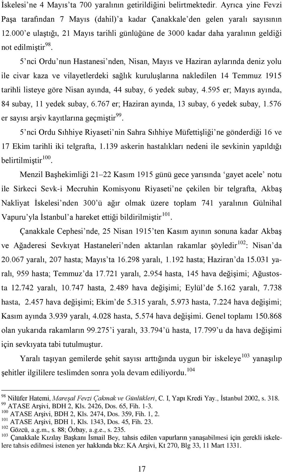 5 nci Ordu nun Hastanesi nden, Nisan, Mayıs ve Haziran aylarında deniz yolu ile civar kaza ve vilayetlerdeki sağlık kuruluşlarına nakledilen 14 Temmuz 1915 tarihli listeye göre Nisan ayında, 44