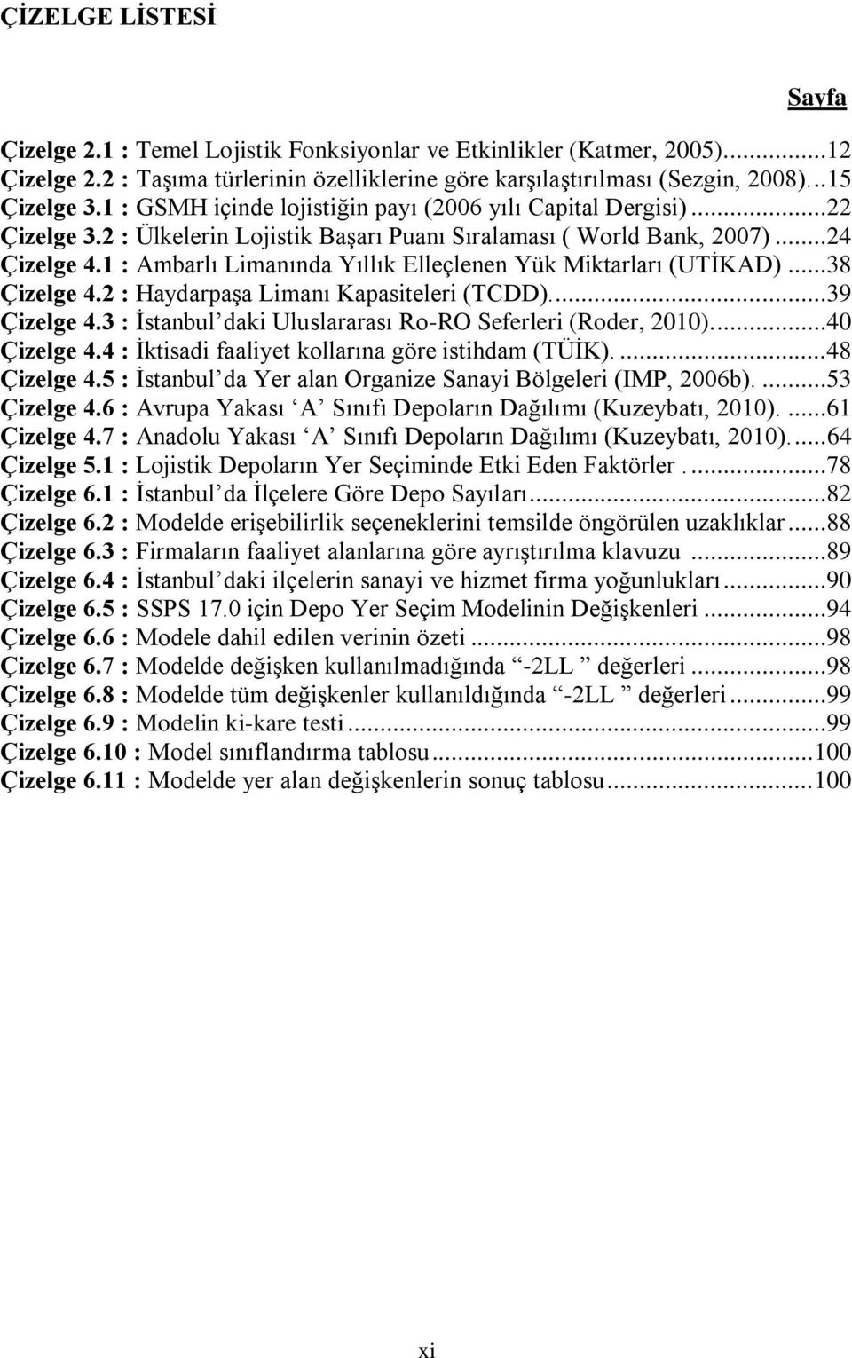 1 : Ambarlı Limanında Yıllık Elleçlenen Yük Miktarları (UTĠKAD)...38 Çizelge 4.2 : HaydarpaĢa Limanı Kapasiteleri (TCDD)....39 Çizelge 4.3 : Ġstanbul daki Uluslararası Ro-RO Seferleri (Roder, 2010).