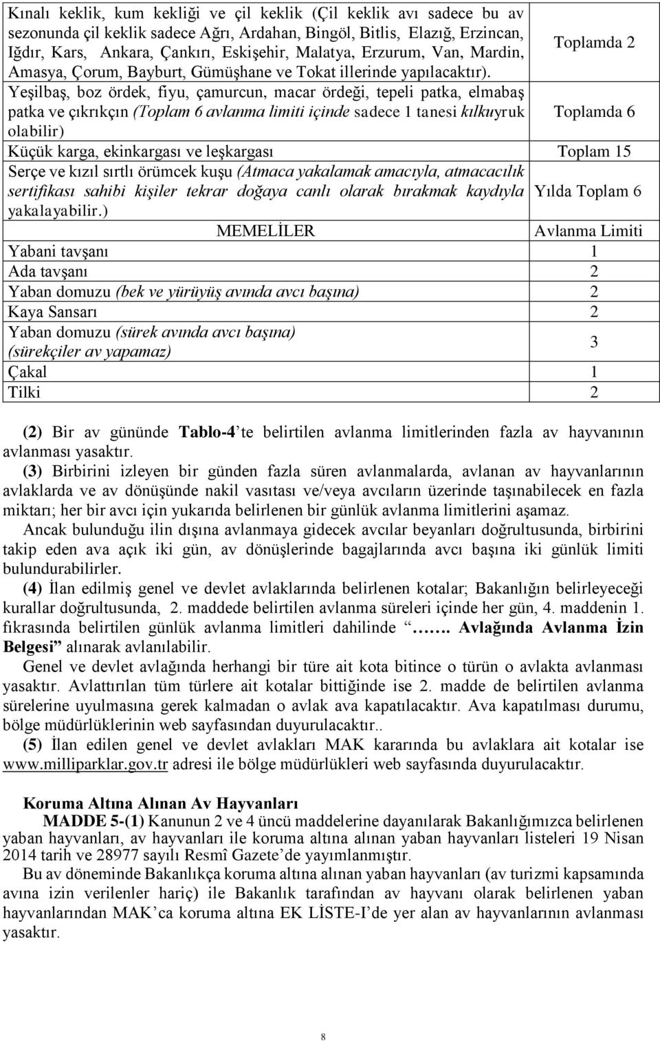 Yeşilbaş, boz ördek, fiyu, çamurcun, macar ördeği, tepeli patka, elmabaş patka ve çıkrıkçın (Toplam 6 avlanma limiti içinde sadece 1 tanesi kılkuyruk Toplamda 6 olabilir) Küçük karga, ekinkargası ve