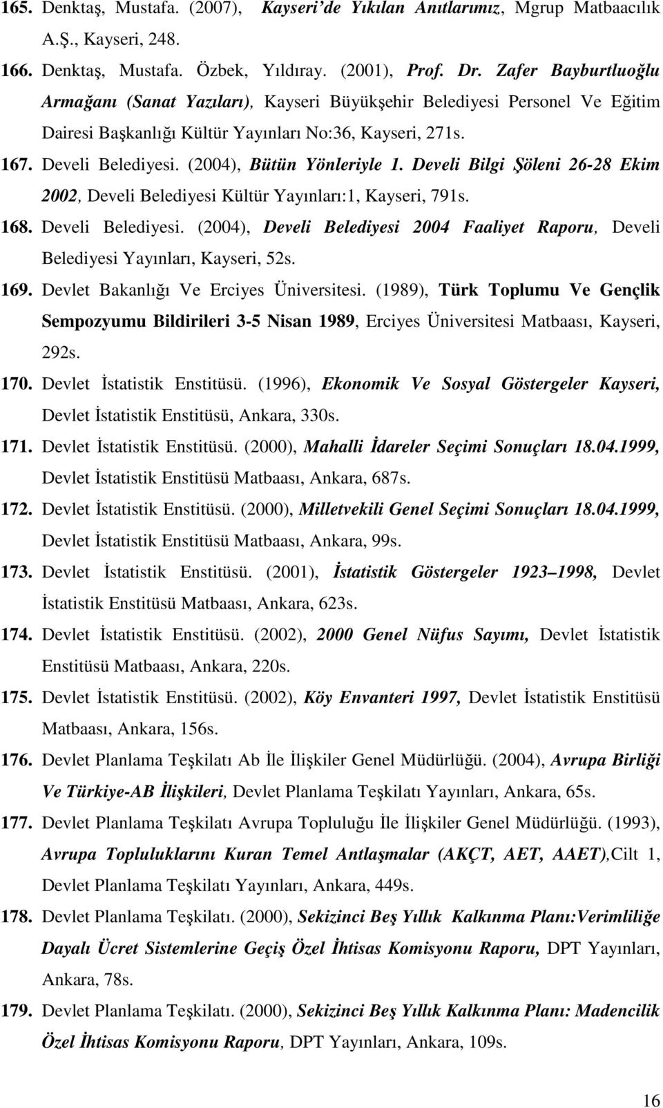 (2004), Bütün Yönleriyle 1. Develi Bilgi Şöleni 26-28 Ekim 2002, Develi Belediyesi Kültür Yayınları:1, Kayseri, 791s. 168. Develi Belediyesi. (2004), Develi Belediyesi 2004 Faaliyet Raporu, Develi Belediyesi Yayınları, Kayseri, 52s.