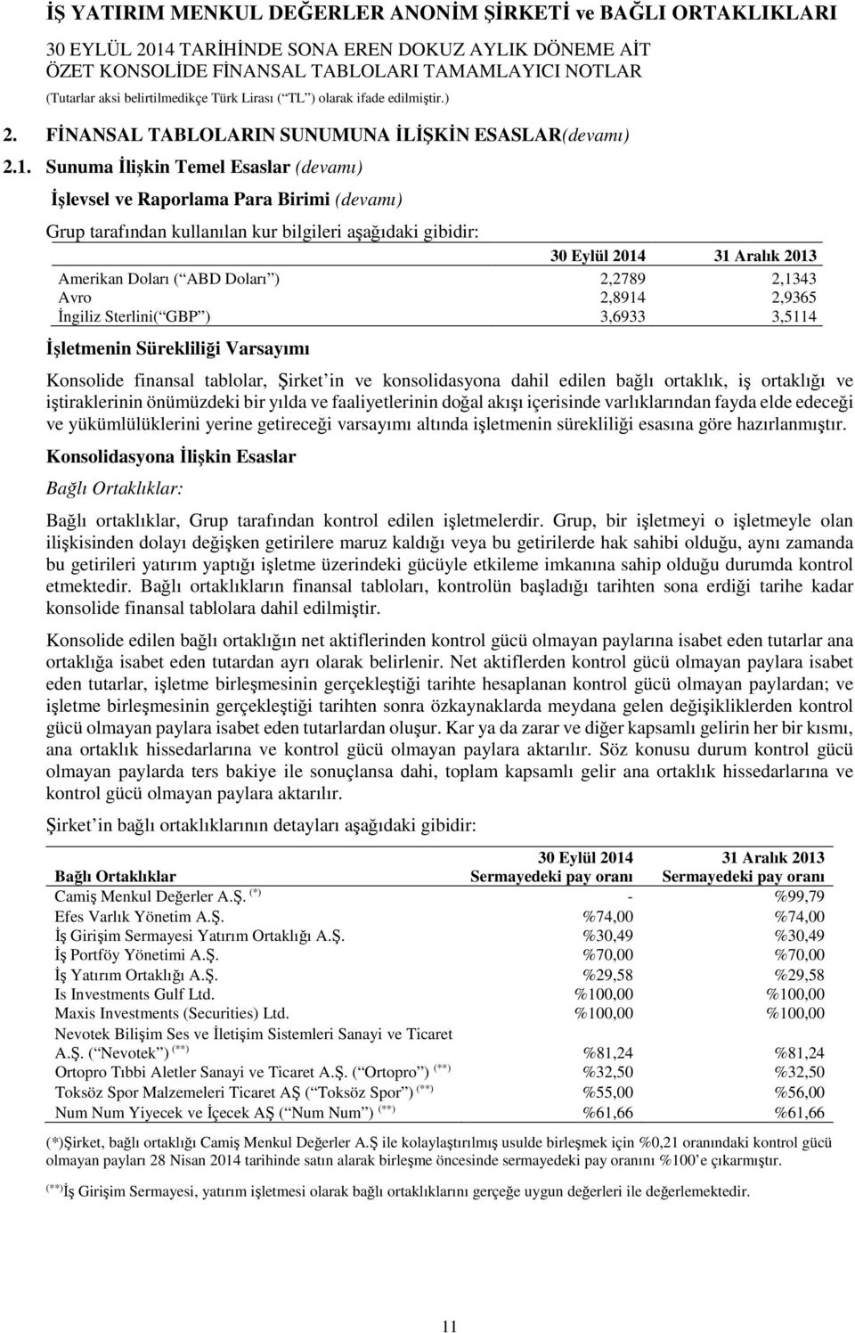 ) 2,2789 2,1343 Avro 2,8914 2,9365 İngiliz Sterlini( GBP ) 3,6933 3,5114 İşletmenin Sürekliliği Varsayımı Konsolide finansal tablolar, Şirket in ve konsolidasyona dahil edilen bağlı ortaklık, iş