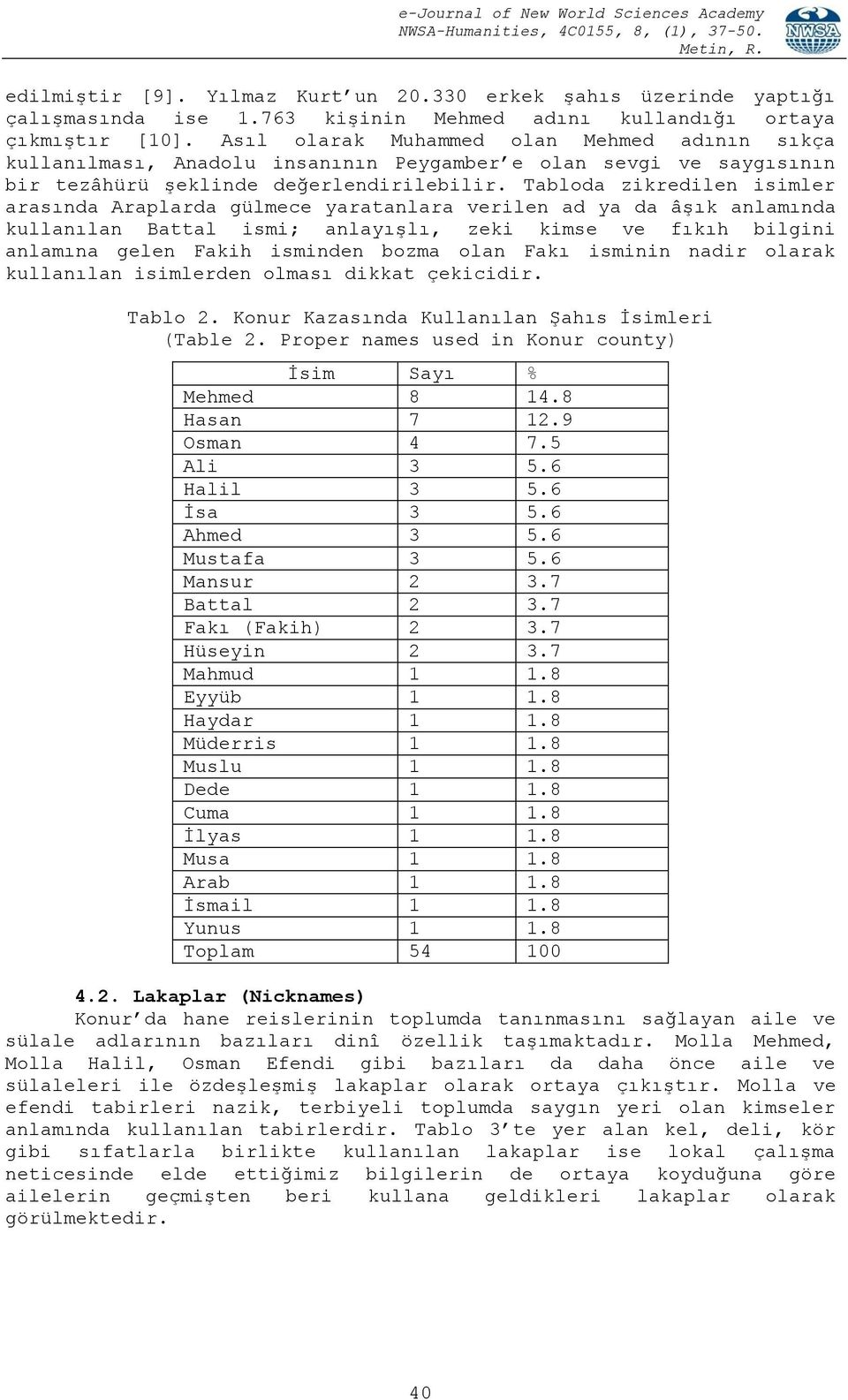 Tabloda zikredilen isimler arasında Araplarda gülmece yaratanlara verilen ad ya da âşık anlamında kullanılan Battal ismi; anlayışlı, zeki kimse ve fıkıh bilgini anlamına gelen Fakih isminden bozma