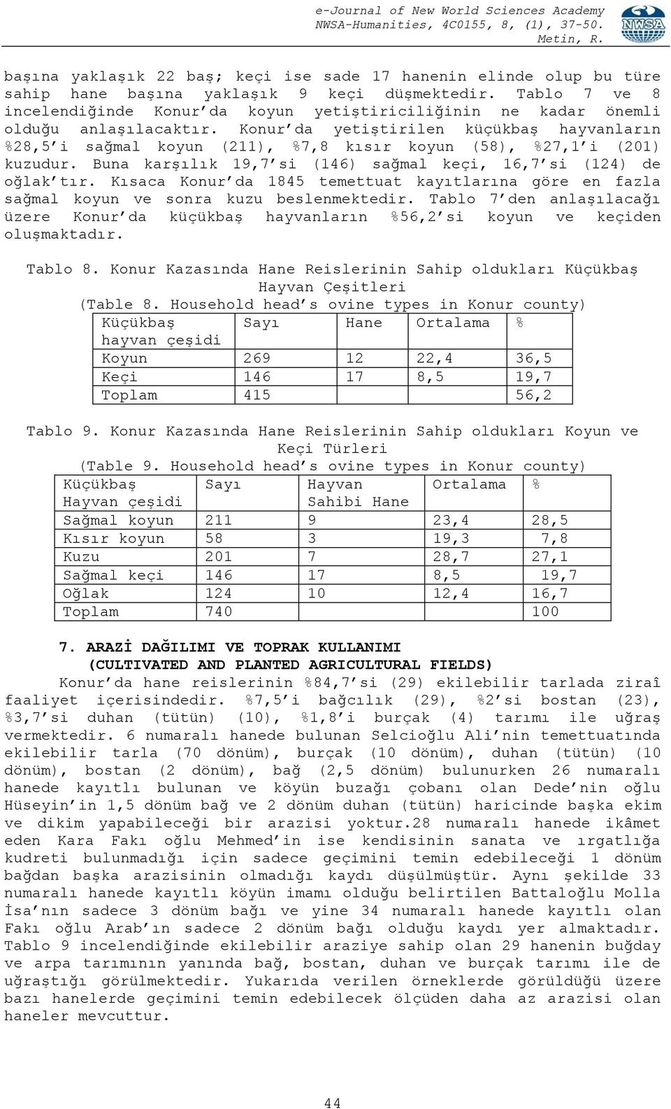 Konur da yetiştirilen küçükbaş hayvanların %28,5 i sağmal koyun (211), %7,8 kısır koyun (58), %27,1 i (201) kuzudur. Buna karşılık 19,7 si (146) sağmal keçi, 16,7 si (124) de oğlak tır.