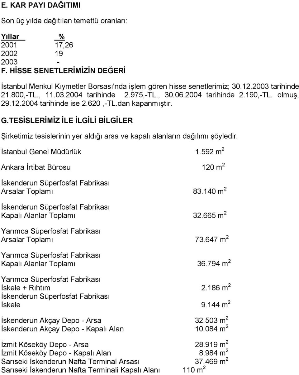 olmuş, 29.12.2004 tarihinde ise 2.620,-TL.dan kapanmıştır. G.TESİSLERİMİZ İLE İLGİLİ BİLGİLER Şirketimiz tesislerinin yer aldığı arsa ve kapalı alanların dağılımı şöyledir. İstanbul Genel Müdürlük 1.