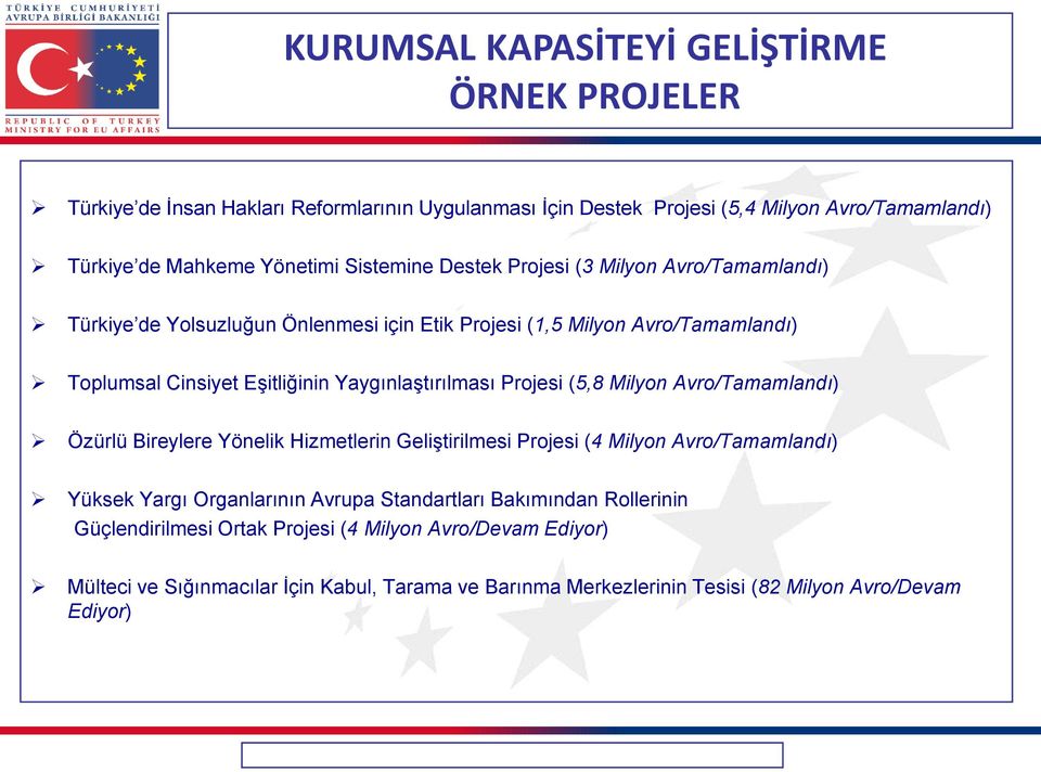 Yaygınlaştırılması Projesi (5,8 Milyon Avro/Tamamlandı) Özürlü Bireylere Yönelik Hizmetlerin Geliştirilmesi Projesi (4 Milyon Avro/Tamamlandı) Yüksek Yargı Organlarının Avrupa