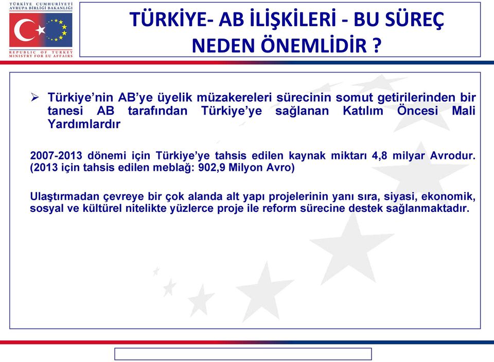 Yardımlardır 2007-2013 dönemi için Türkiye ye tahsis edilen kaynak miktarı 4,8 milyar Avrodur.