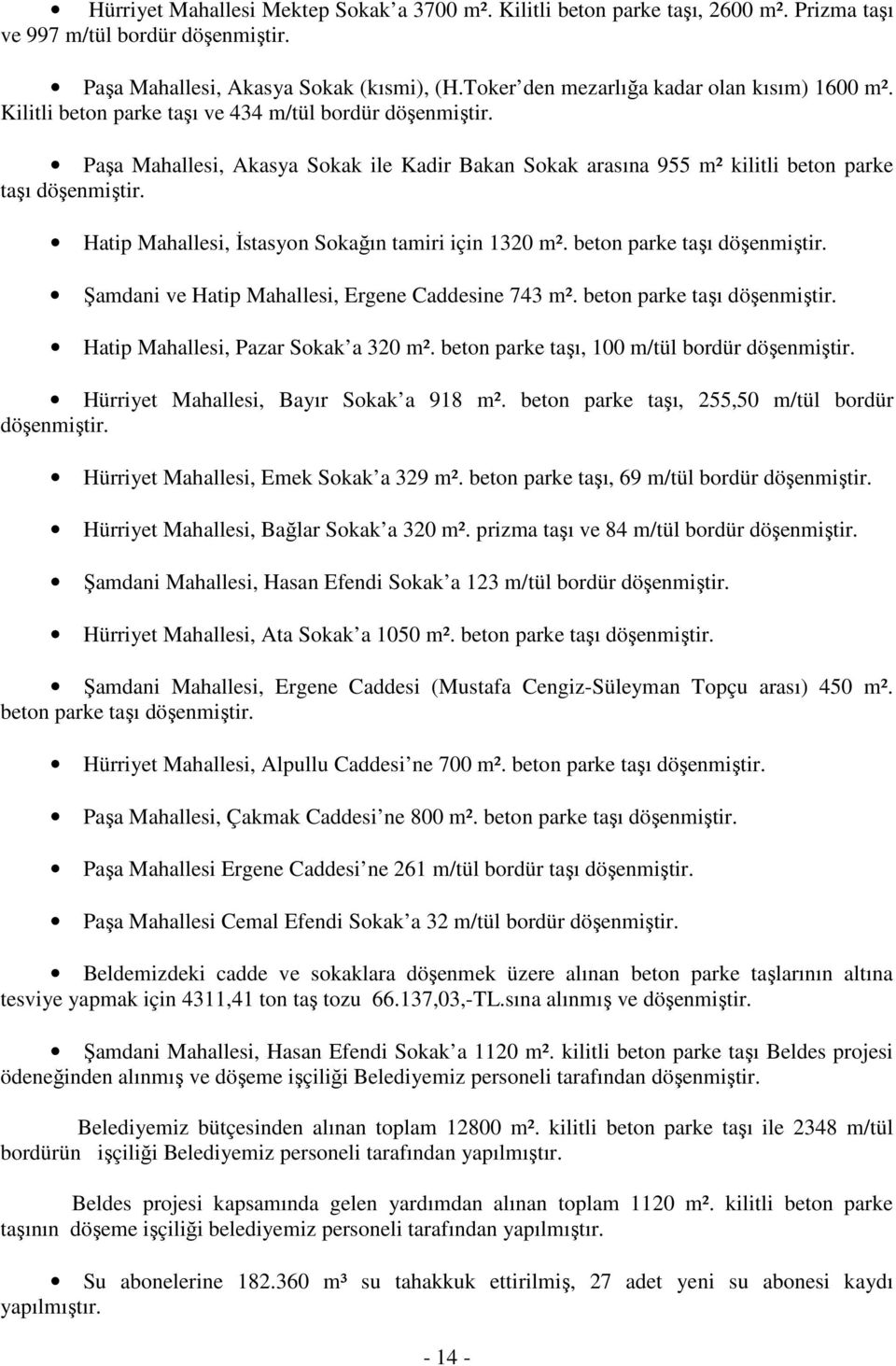 Paşa Mahallesi, Akasya Sokak ile Kadir Bakan Sokak arasına 955 m² kilitli beton parke taşı döşenmiştir. Hatip Mahallesi, Đstasyon Sokağın tamiri için 1320 m². beton parke taşı döşenmiştir. Şamdani ve Hatip Mahallesi, Ergene Caddesine 743 m².