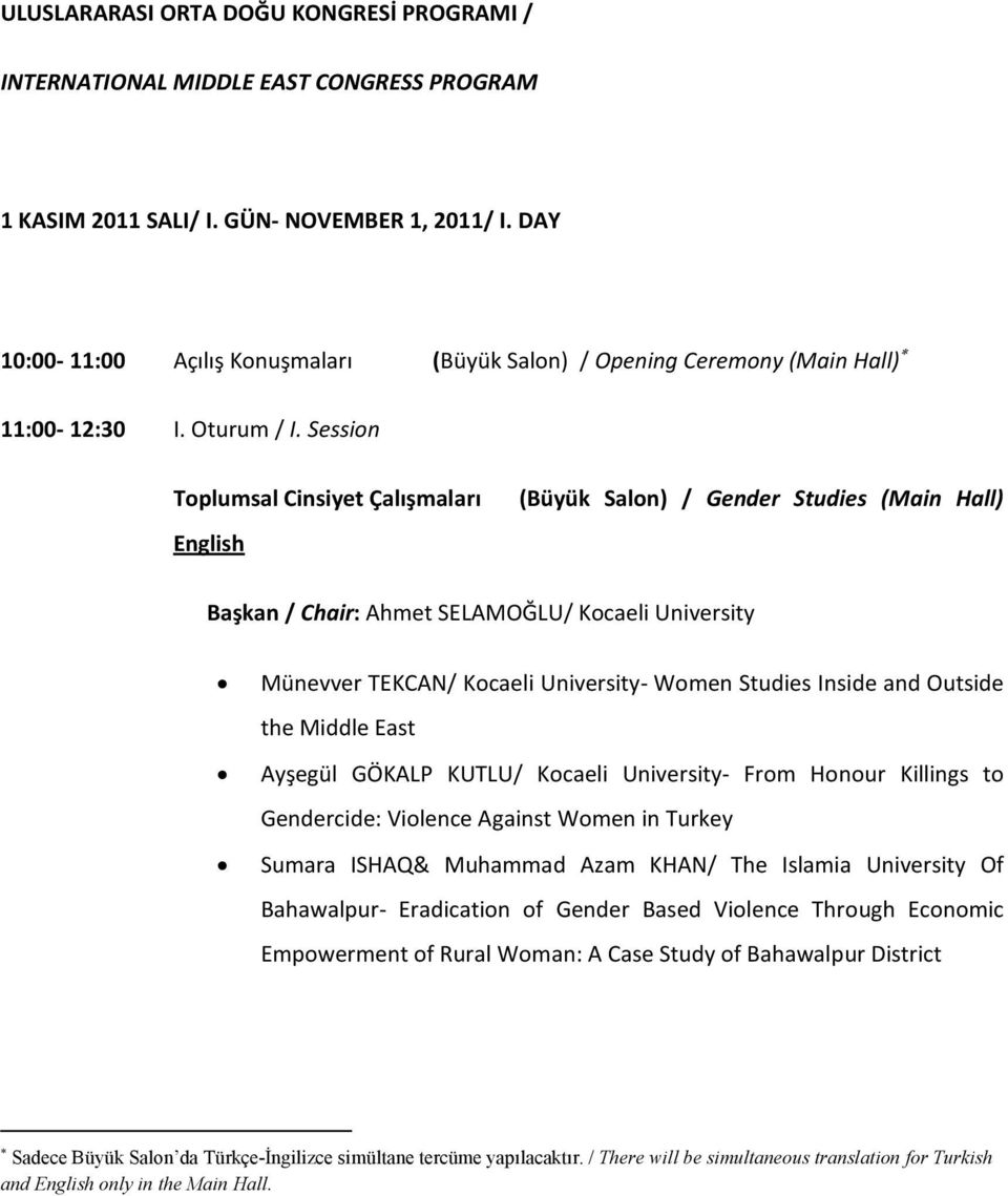 Session Toplumsal Cinsiyet Çalışmaları (Büyük Salon) / Gender Studies (Main Hall) English Başkan / Chair: Ahmet SELAMOĞLU/ Kocaeli University Münevver TEKCAN/ Kocaeli University- Women Studies Inside