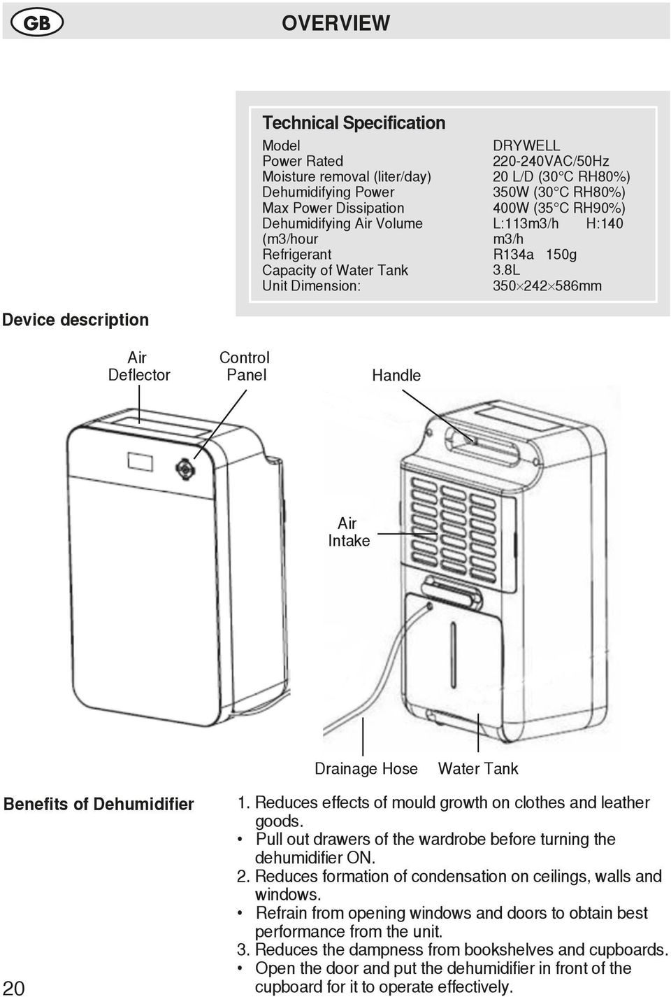 8L 350 242 586mm Device description Air Deflector Control Panel Handle Air Intake Drainage Hose Water Tank Benefits of Dehumidifier 20 1. Reduces effects of mould growth on clothes and leather goods.