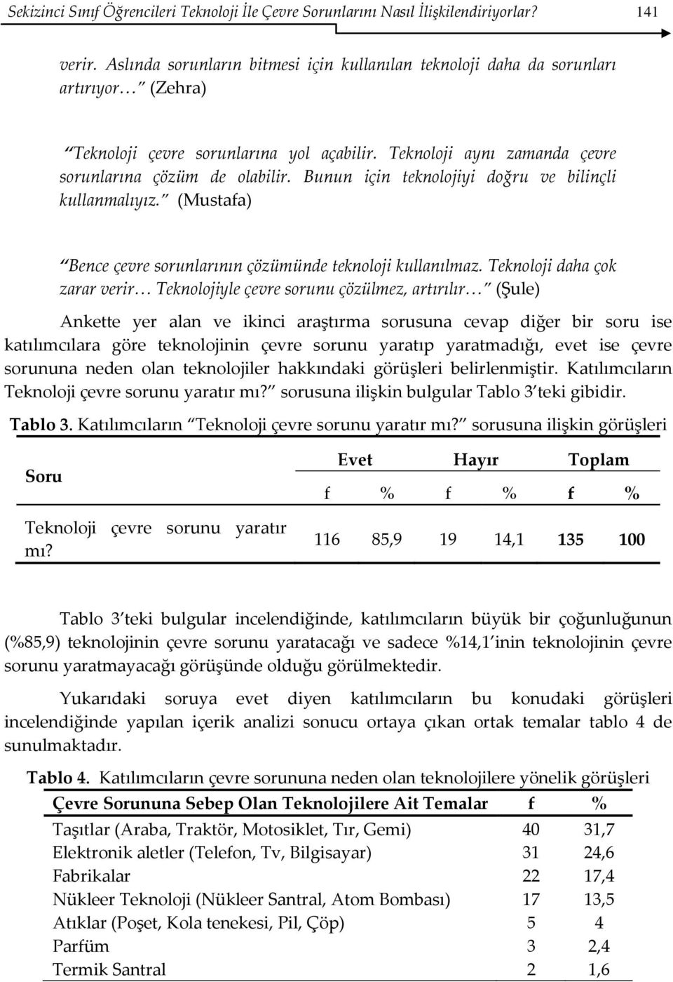 Bunun için teknolojiyi doğru ve bilinçli kullanmalıyız. (Mustafa) Bence çevre sorunlarının çözümünde teknoloji kullanılmaz.