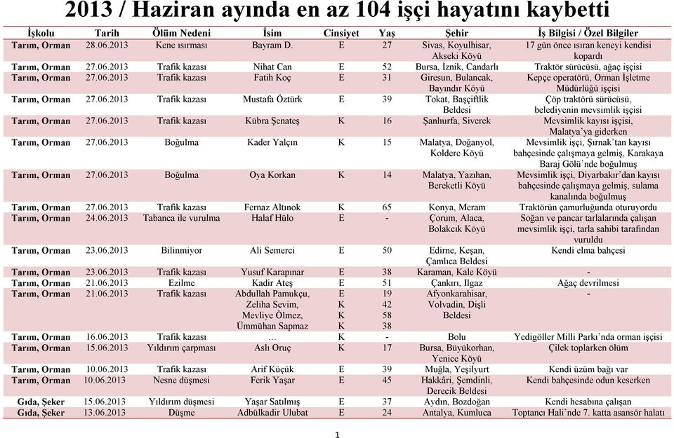 2013 Trafik kazası Nihat Can 52 Bursa, İznik, Candarlı Traktör sürücüsü, ağaç işçisi Tarım, Orman 27.06.