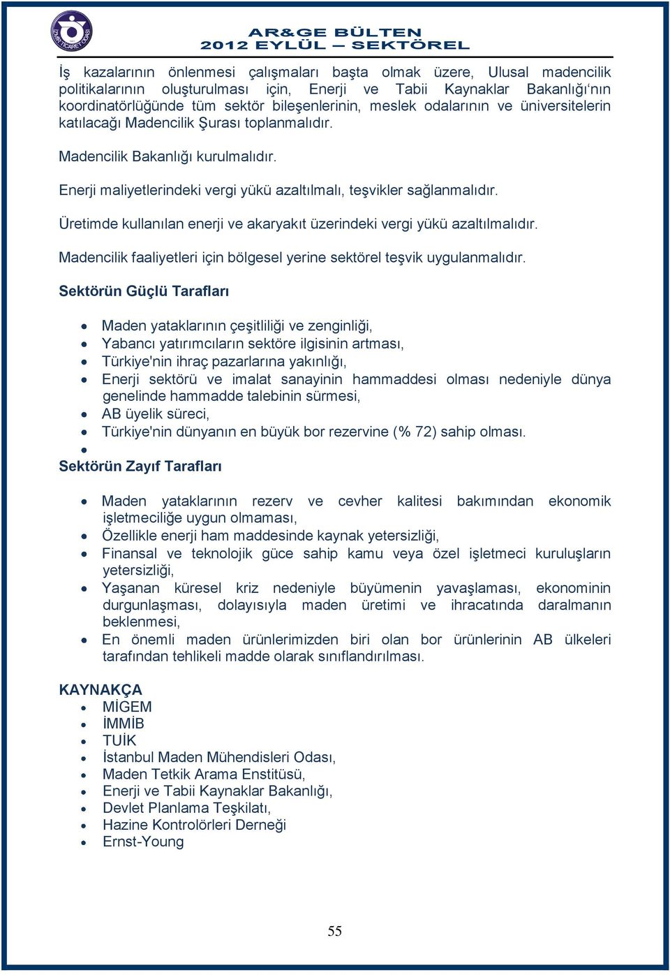 Üretimde kullanılan enerji ve akaryakıt üzerindeki vergi yükü azaltılmalıdır. Madencilik faaliyetleri için bölgesel yerine sektörel teşvik uygulanmalıdır.