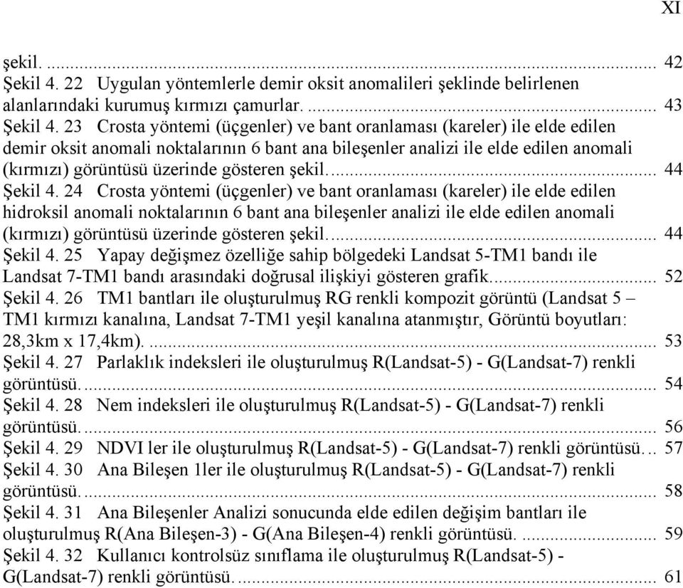 23 Crosta yöntemi (üçgenler) ve bant oranlaması (kareler) ile elde edilen demir oksit anomali noktalarının 6 bant ana bileşenler analizi ile elde edilen anomali (kırmızı) görüntüsü üzerinde gösteren