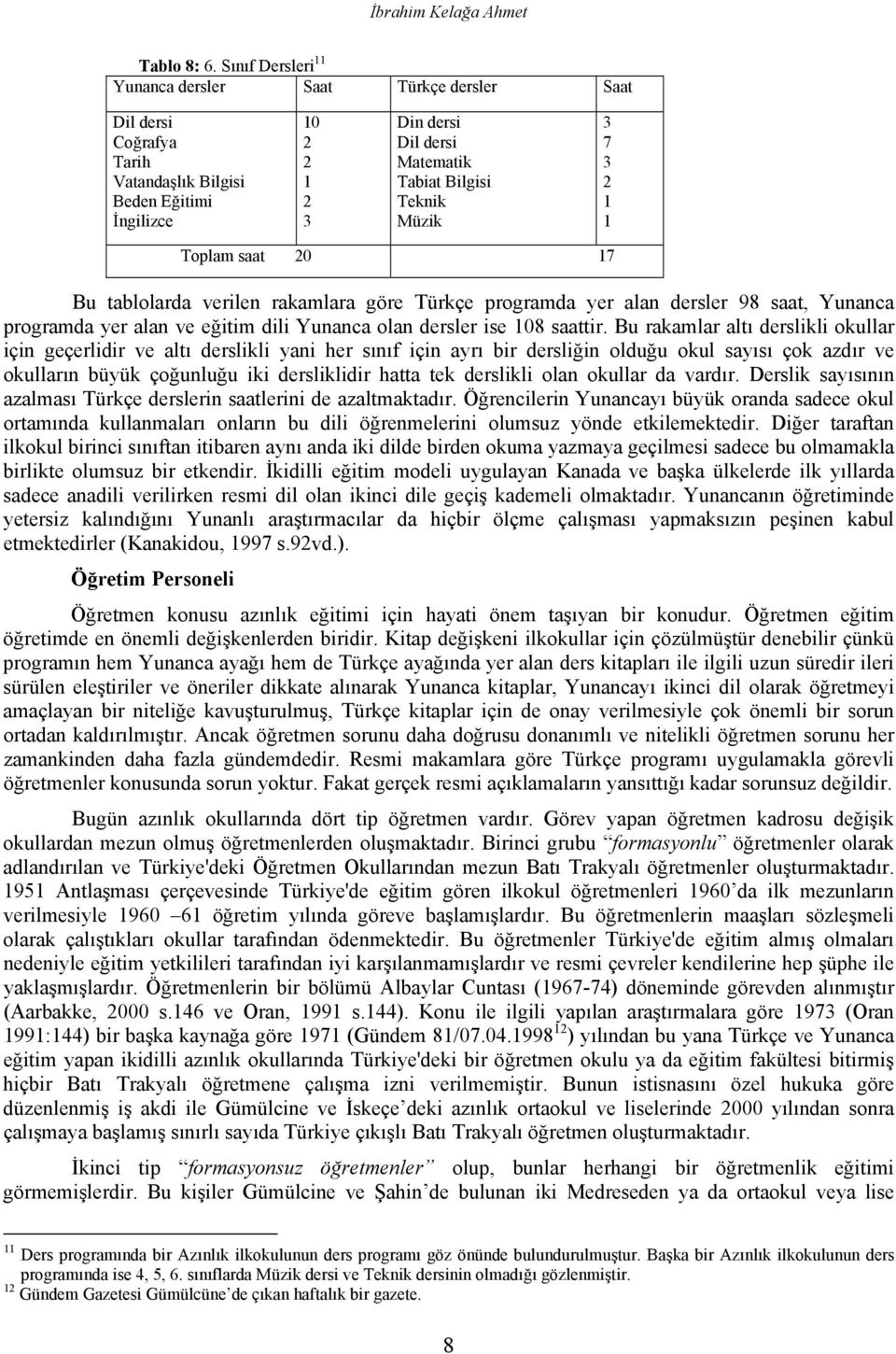 3 7 3 2 1 1 Toplam saat 20 17 Bu tablolarda verilen rakamlara göre Türkçe programda yer alan dersler 98 saat, Yunanca programda yer alan ve eğitim dili Yunanca olan dersler ise 108 saattir.