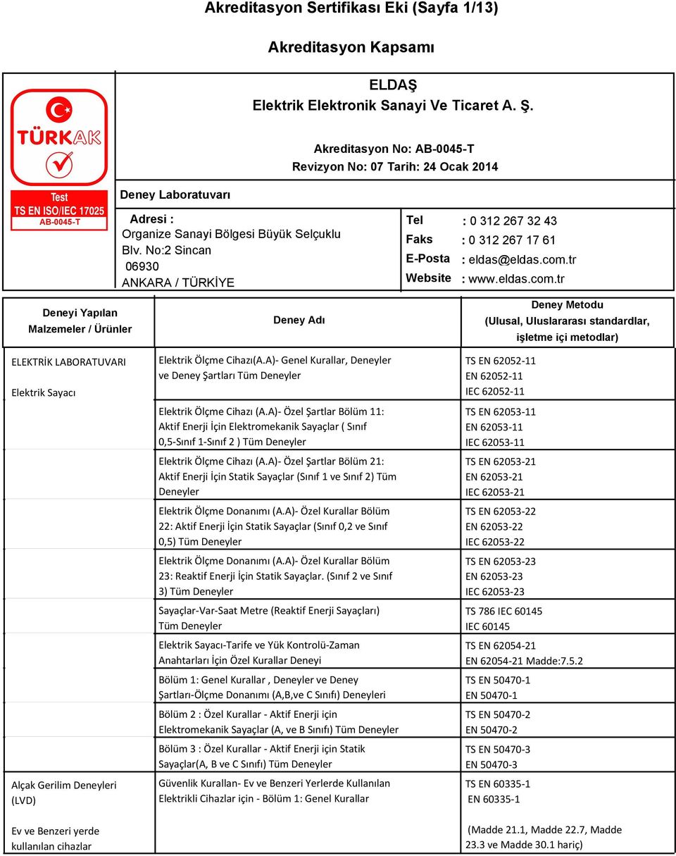 tr Website : www.eldas.com.tr ELEKTRİK LABORATUVARI Elektrik Sayacı Alçak Gerilim (LVD) Ev ve Benzeri yerde kullanılan cihazlar Elektrik Ölçme Cihazı(A.