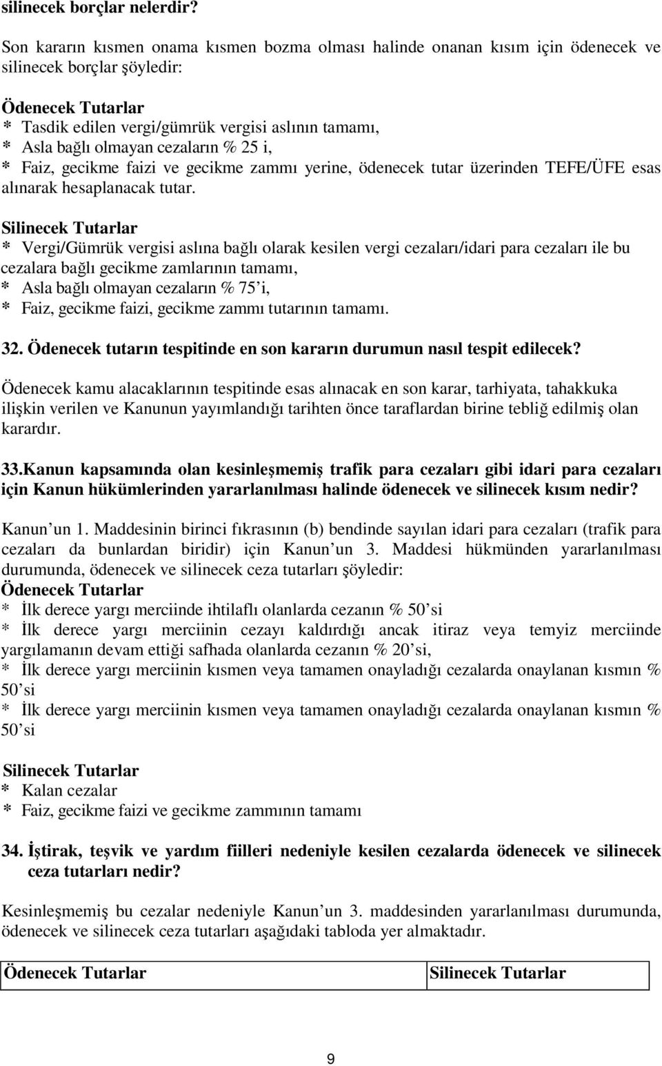 olmayan cezaların % 25 i, * Faiz, gecikme faizi ve gecikme zammı yerine, ödenecek tutar üzerinden TEFE/ÜFE esas alınarak hesaplanacak tutar.