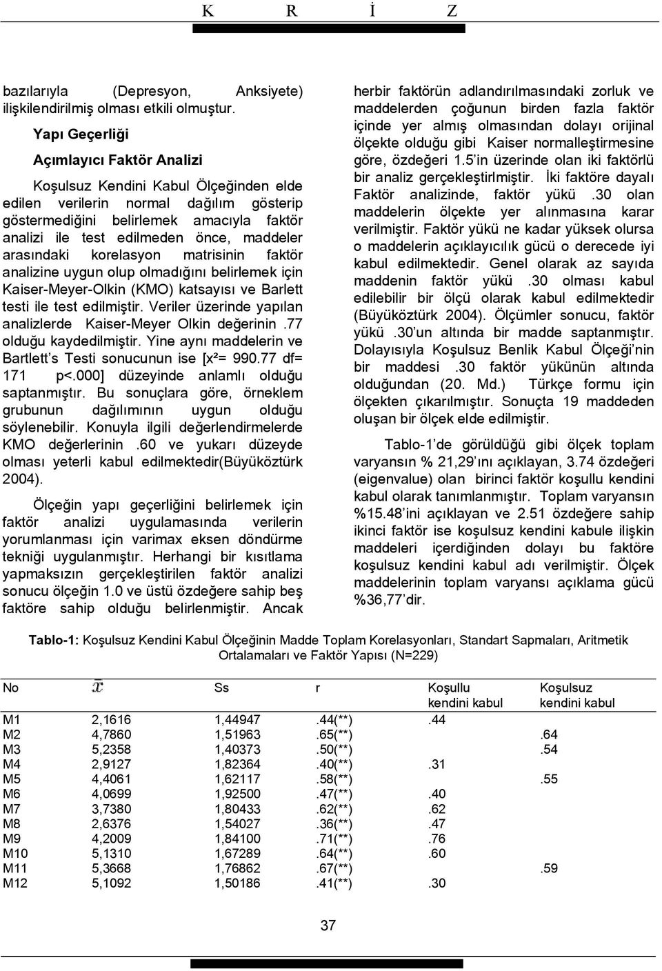 maddeler arasındaki korelasyon matrisinin faktör analizine uygun olup olmadığını belirlemek için Kaiser-Meyer-Olkin (KMO) katsayısı ve Barlett testi ile test edilmiştir.