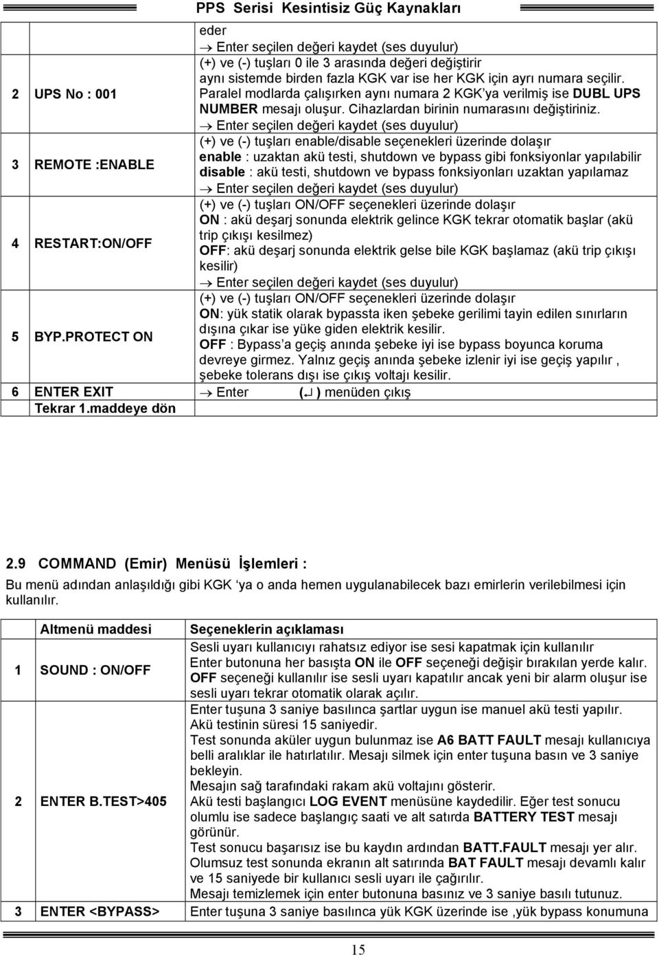 Enter seçilen değeri kaydet (ses duyulur) 3 REMOTE :ENABLE (+) ve (-) tuşları enable/disable seçenekleri üzerinde dolaşır enable : uzaktan akü testi, shutdown ve bypass gibi fonksiyonlar yapılabilir