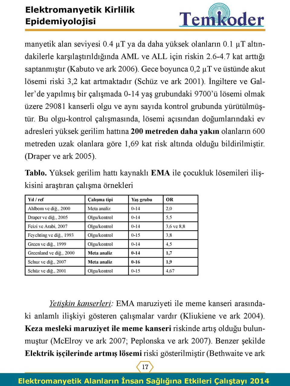 İngiltere ve Galler de yapılmış bir çalışmada 0-14 yaş grubundaki 9700 ü lösemi olmak üzere 29081 kanserli olgu ve aynı sayıda kontrol grubunda yürütülmüştür.