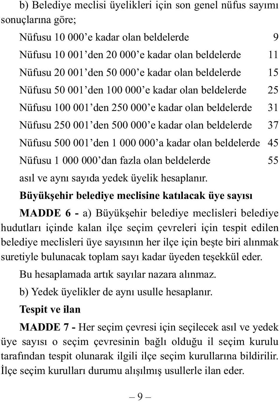 001 den 1 000 000 a kadar olan beldelerde 45 Nüfusu 1 000 000 dan fazla olan beldelerde 55 asýl ve ayný sayýda yedek üyelik hesaplanýr.