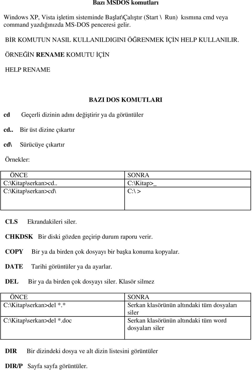 . cd\ Geçerli dizinin adını değiştirir ya da görüntüler Bir üst dizine çıkartır Sürücüye çıkartır Örnekler: C:\Kitap\serkan>cd.. C:\Kitap>_ C:\Kitap\serkan>cd\ C:\ > CLS Ekrandakileri siler.