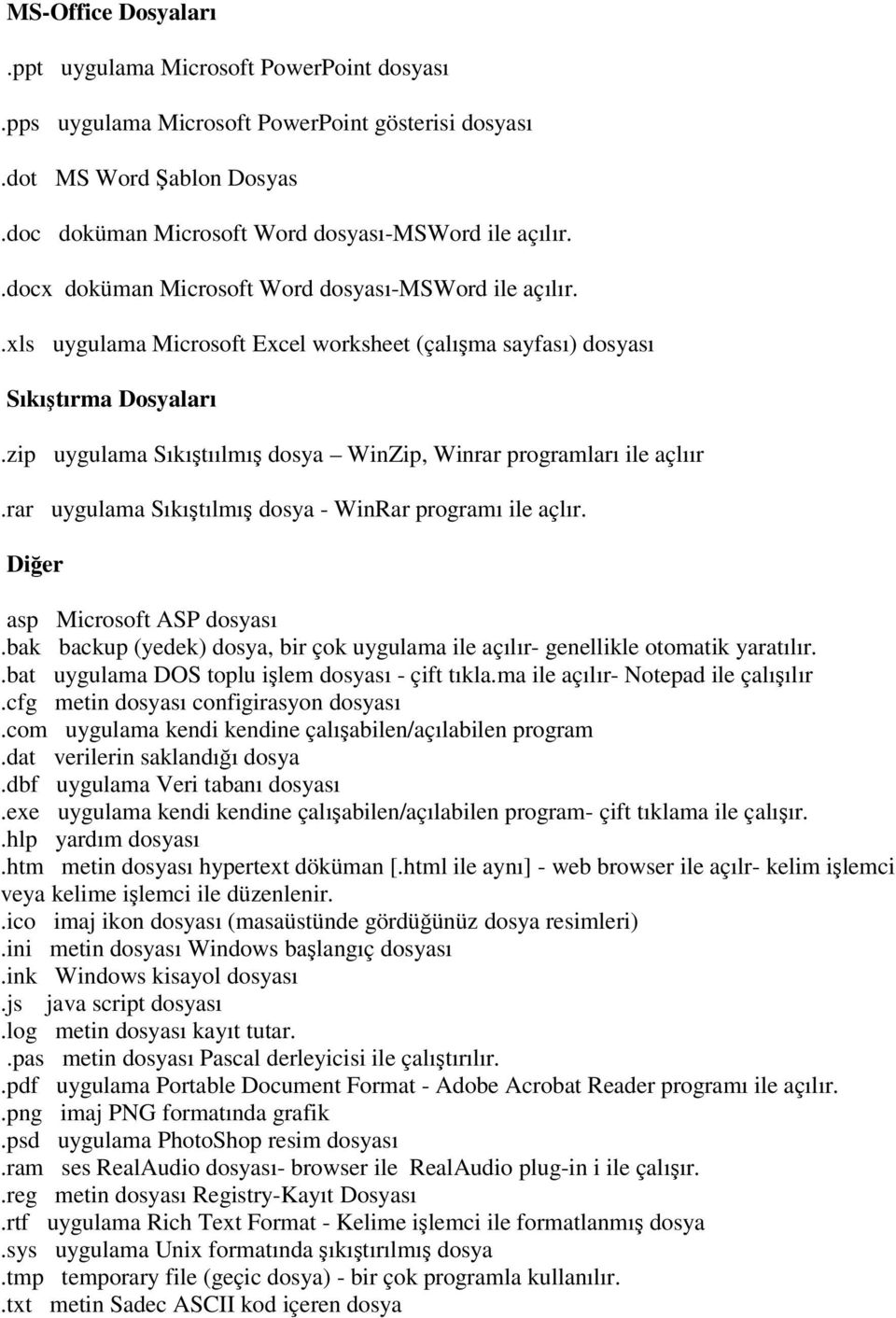 zip uygulama Sıkıştıılmış dosya WinZip, Winrar programları ile açlıır.rar uygulama Sıkıştılmış dosya - WinRar programı ile açlır. Diğer asp Microsoft ASP dosyası.