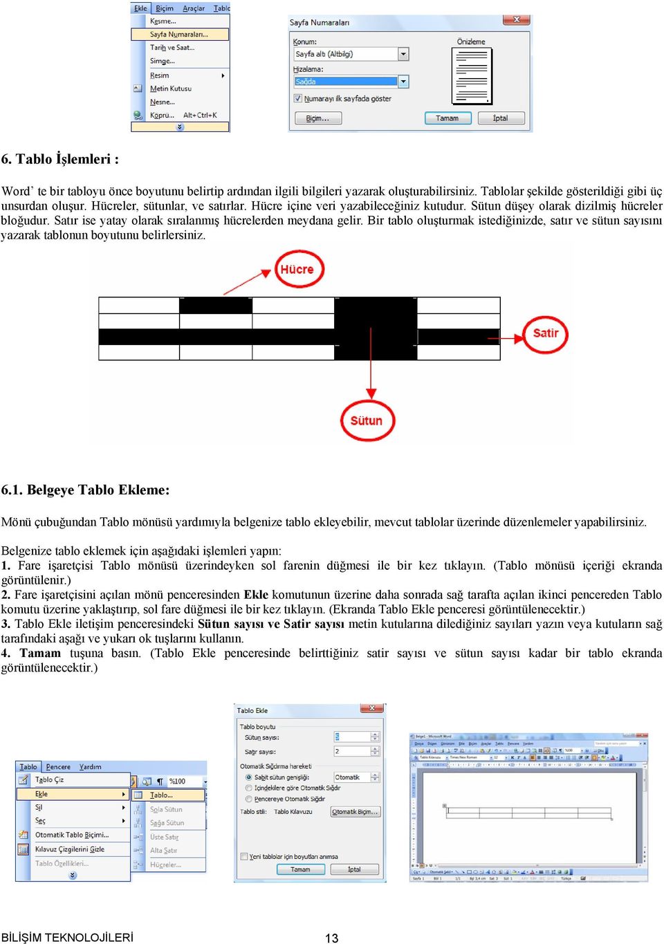 Bir tablo oluşturmak istediğinizde, satır ve sütun sayısını yazarak tablonun boyutunu belirlersiniz. 6.1.