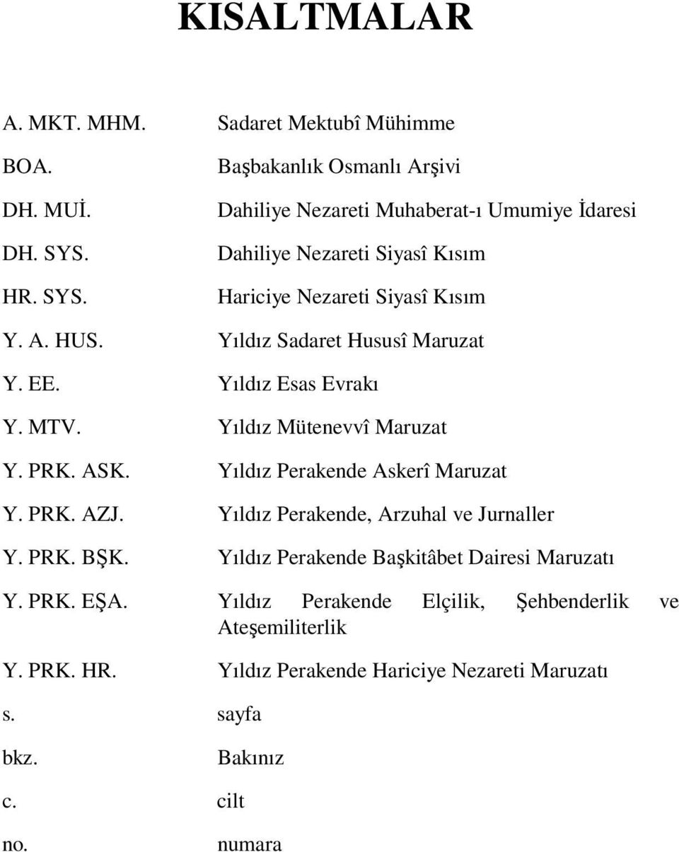 Yıldız Sadaret Hususî Maruzat Y. EE. Yıldız Esas Evrakı Y. MTV. Yıldız Mütenevvî Maruzat Y. PRK. ASK. Yıldız Perakende Askerî Maruzat Y. PRK. AZJ.