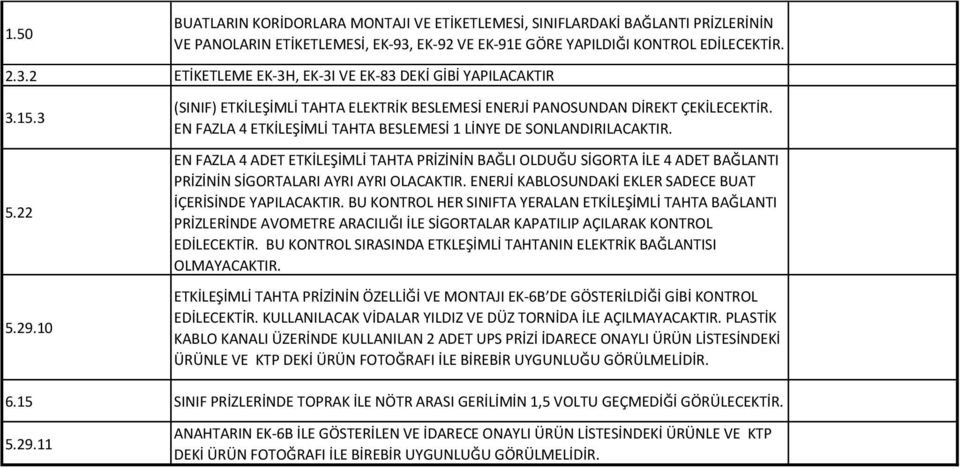 EN FAZLA 4 ADET ETKİLEŞİMLİ TAHTA PRİZİNİN BAĞLI OLDUĞU SİGORTA İLE 4 ADET BAĞLANTI PRİZİNİN SİGORTALARI AYRI AYRI OLACAKTIR. ENERJİ KABLOSUNDAKİ EKLER SADECE BUAT İÇERİSİNDE YAPILACAKTIR.