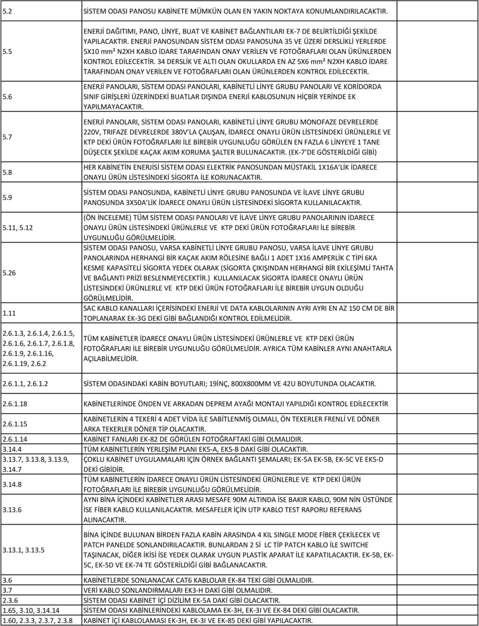 ENERJİ PANOSUNDAN SİSTEM ODASI PANOSUNA 35 VE ÜZERİ DERSLİKLİ YERLERDE 5X10 mm² N2XH KABLO İDARE TARAFINDAN ONAY VERİLEN VE FOTOĞRAFLARI OLAN ÜRÜNLERDEN KONTROL EDİLECEKTİR.