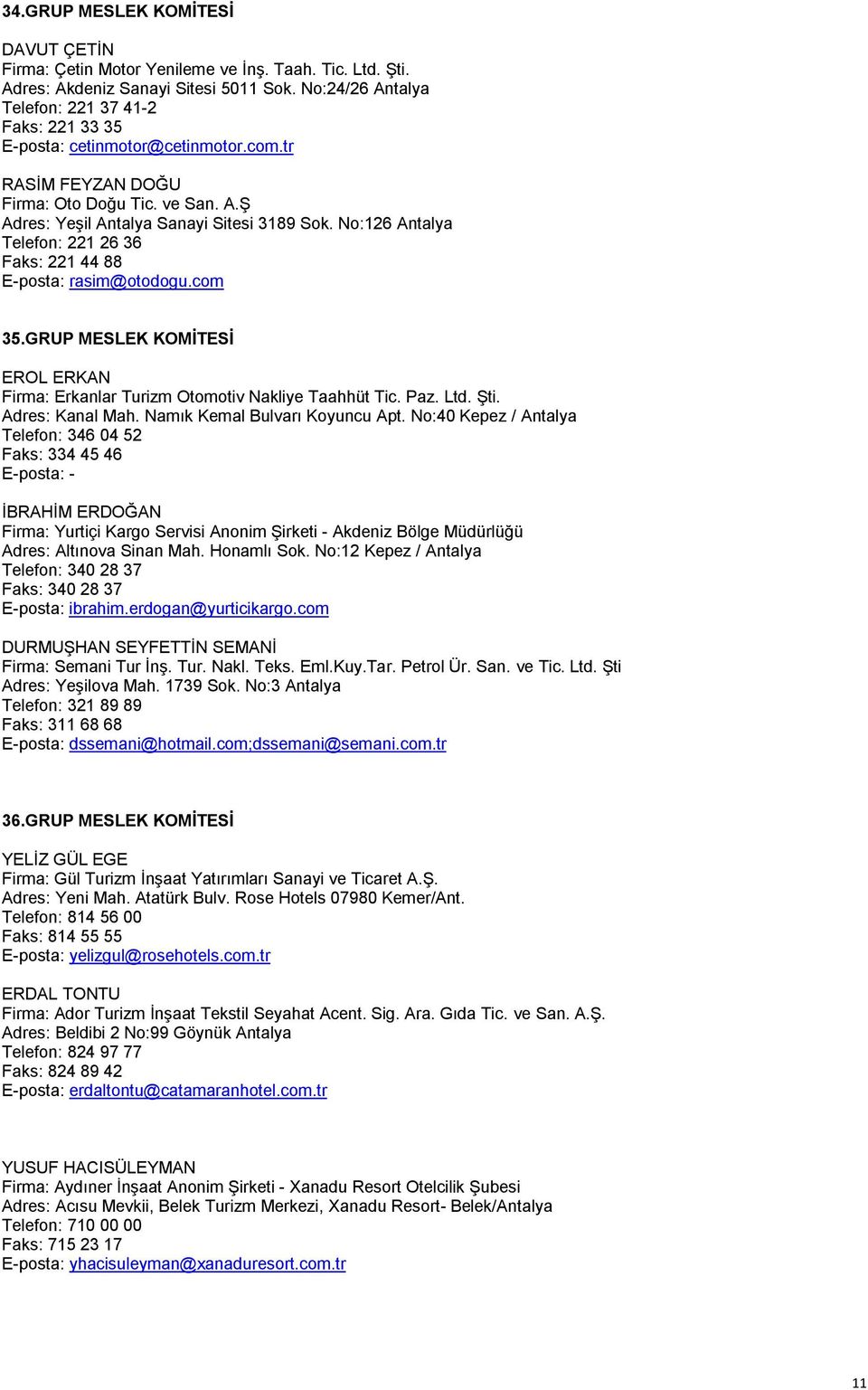 No:126 Antalya Telefon: 221 26 36 Faks: 221 44 88 E-posta: rasim@otodogu.com 35.GRUP MESLEK KOMİTESİ EROL ERKAN Firma: Erkanlar Turizm Otomotiv Nakliye Taahhüt Tic. Paz. Ltd. Şti. Adres: Kanal Mah.