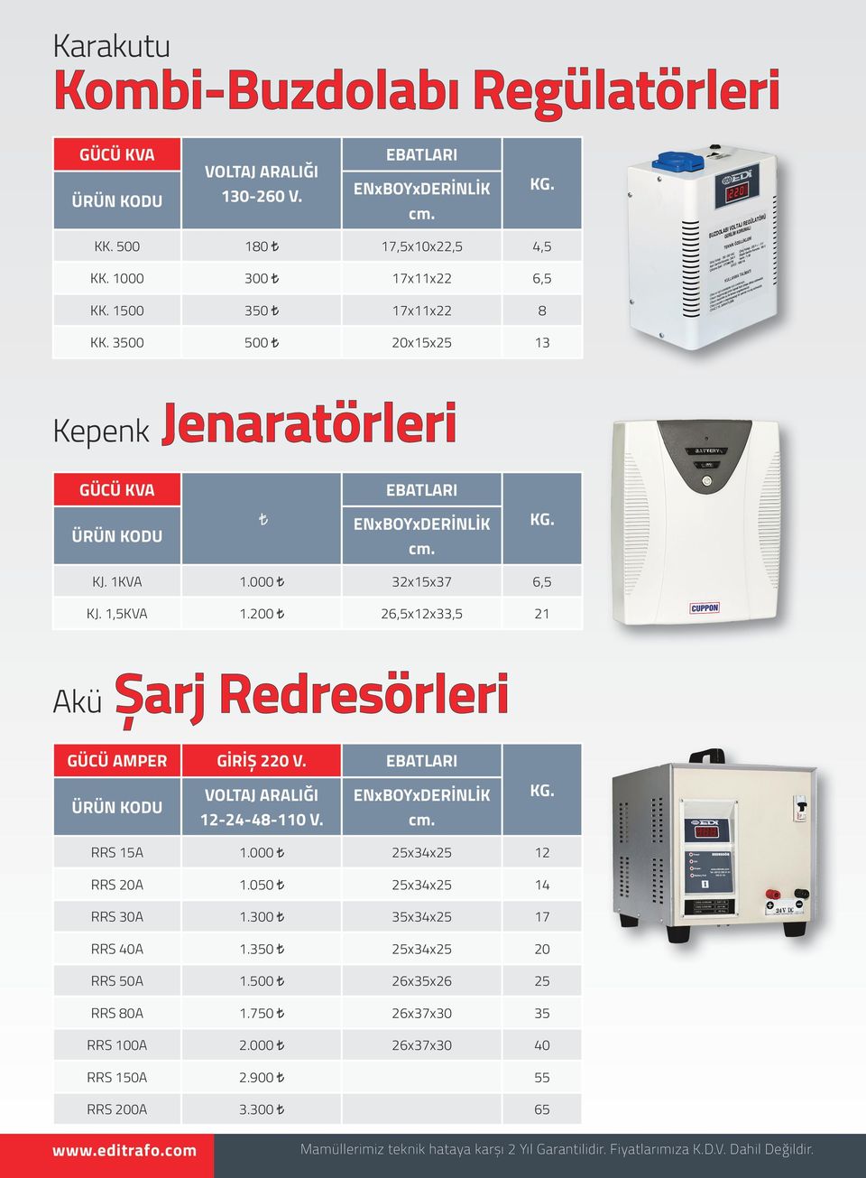 EBATLARI VOLTAJ ARALIĞI 12-24-48-110 V. ENxBOYxDERİNLİK cm. RRS 15A 1.000 25x34x25 12 RRS 20A 1.050 25x34x25 14 RRS 30A 1.300 35x34x25 17 RRS 40A 1.350 25x34x25 20 RRS 50A 1.