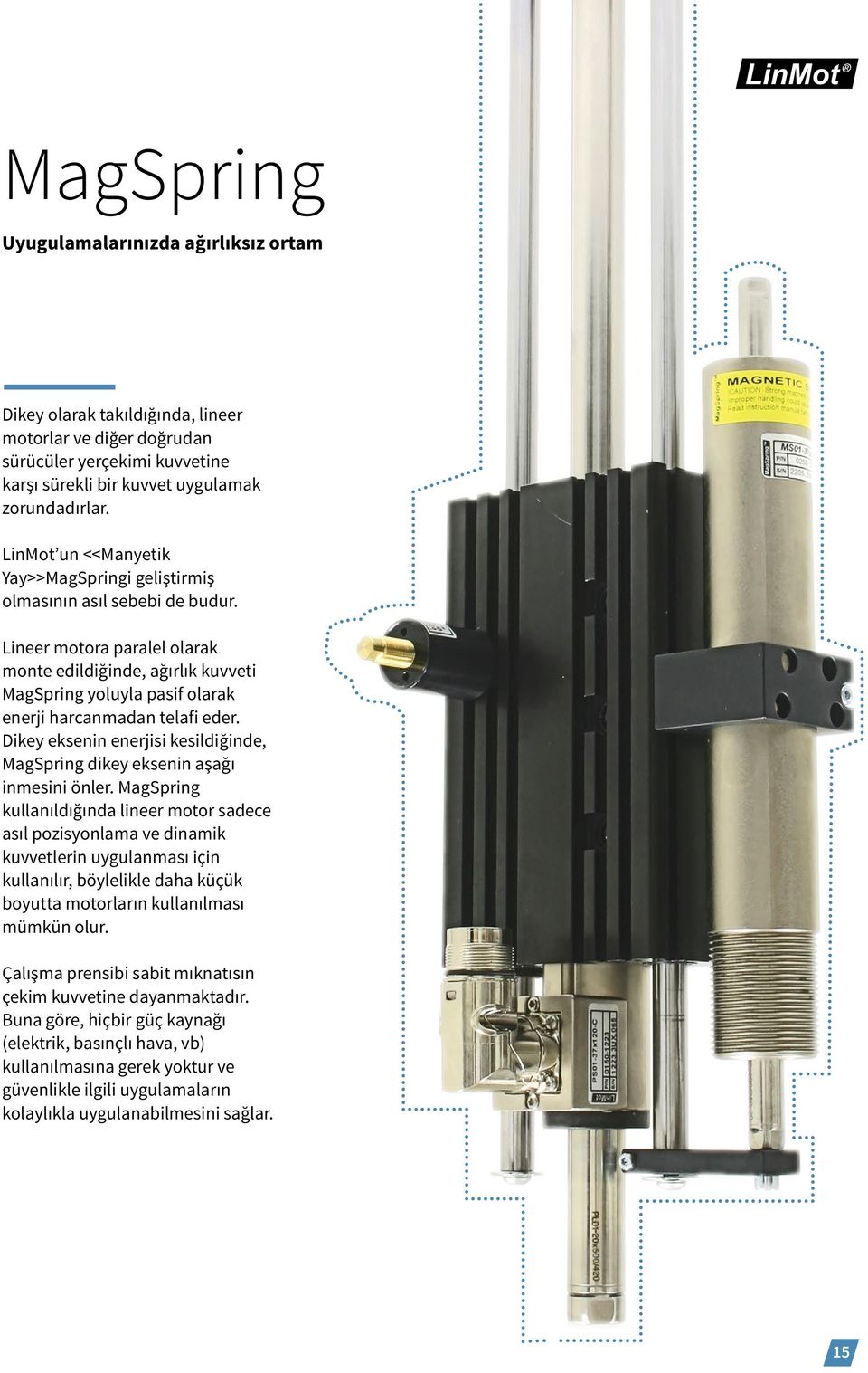 Lineer motora paralel olarak monte edildiğinde, ağırlık kuvveti MagSpring yoluyla pasif olarak enerji harcanmadan telafi eder.